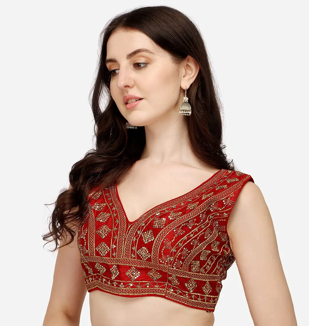 Pujia Mills Ladies Silk Sequin Sari Blouse 38 (96.52 cm) | Red V-Neck Padded Blouse with Zari Embroidery - view 3