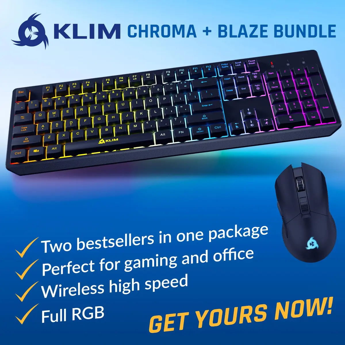 KLIM Chroma Wireless Gaming Keyboard and Mouse Bundle, US Layout, Backlit RGB | Dual-Dongle, Rechargeable, Durable - view 2