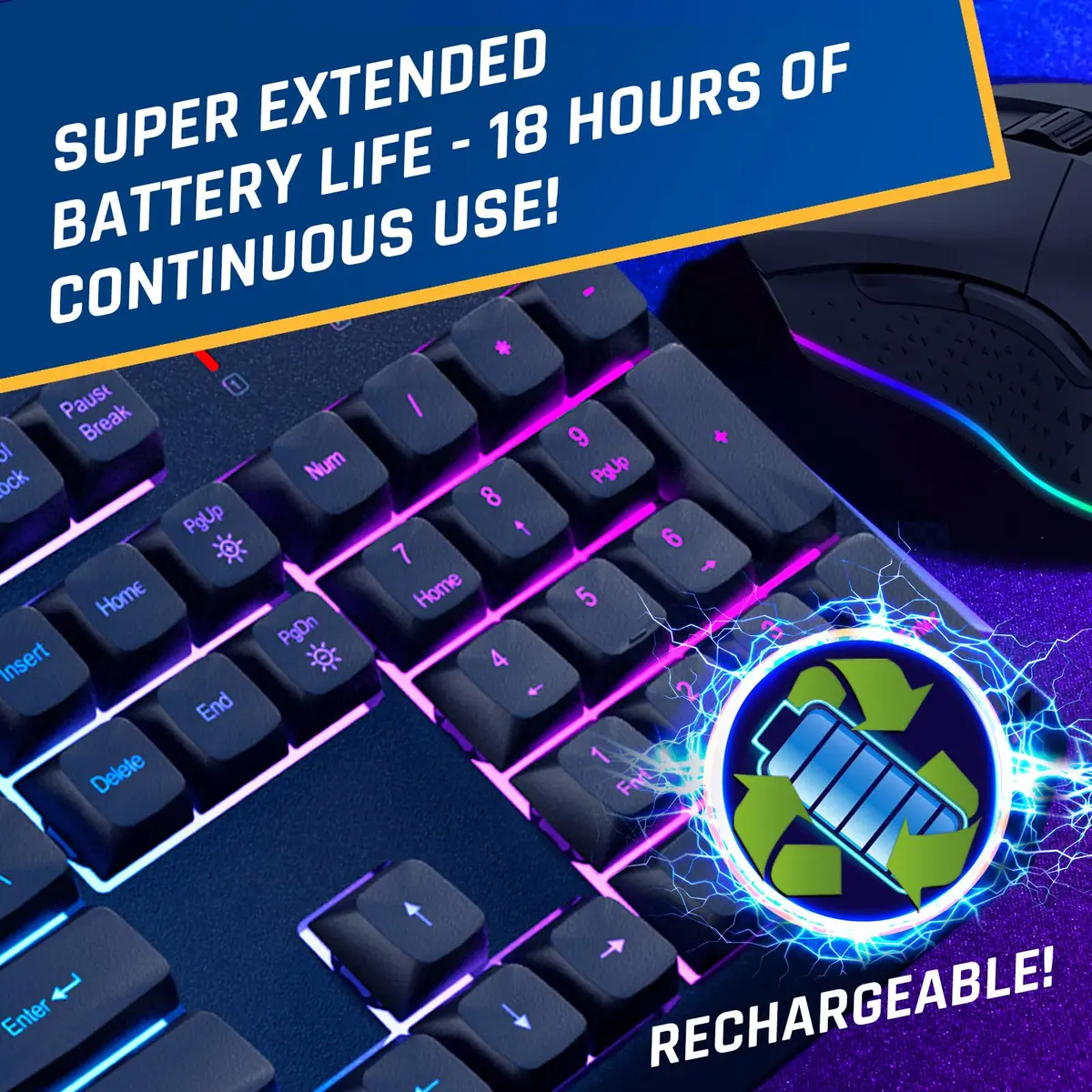 KLIM Chroma Wireless Gaming Keyboard and Mouse Bundle, US Layout, Backlit RGB | Dual-Dongle, Rechargeable, Durable - view 3