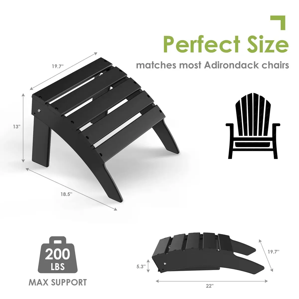 GREENVINES Adirondack Ottoman 18.5’’L x 19.7’’W x 13’’H | Waterproof HDPE Plastic Black - view 2