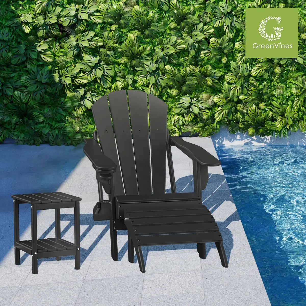 GREENVINES Adirondack Ottoman 18.5’’L x 19.7’’W x 13’’H | Waterproof HDPE Plastic Black - view 3