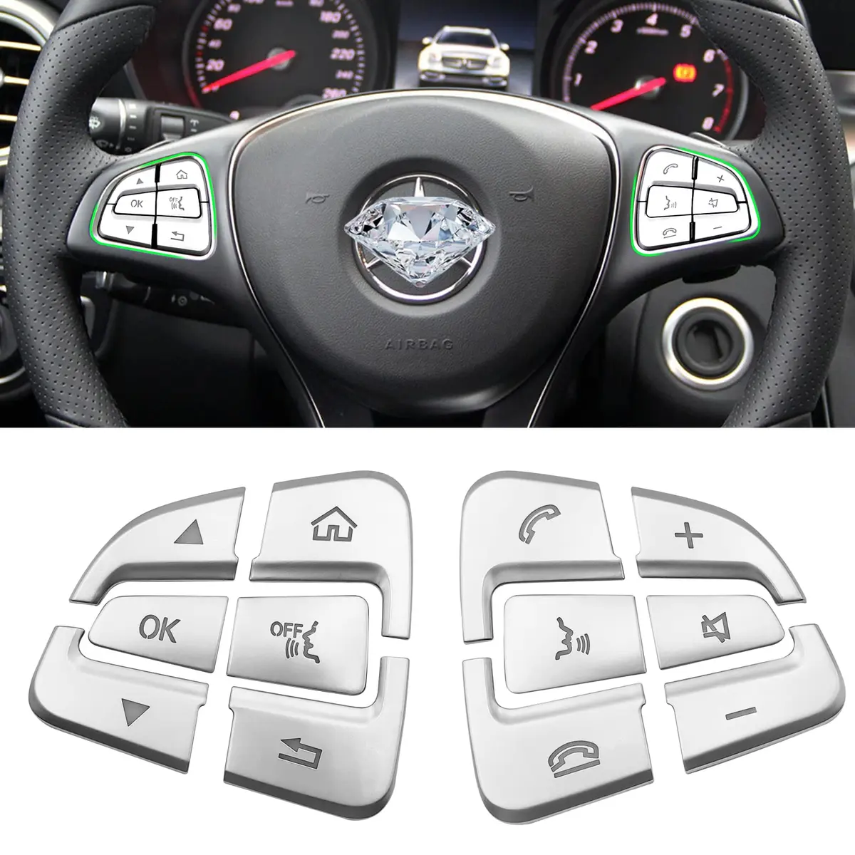 Moonlinks Steering Wheel Button Trim Stickers 12-Pack | Chrome-Plated ABS for Mercedes Benz C V GLC Class - main product image