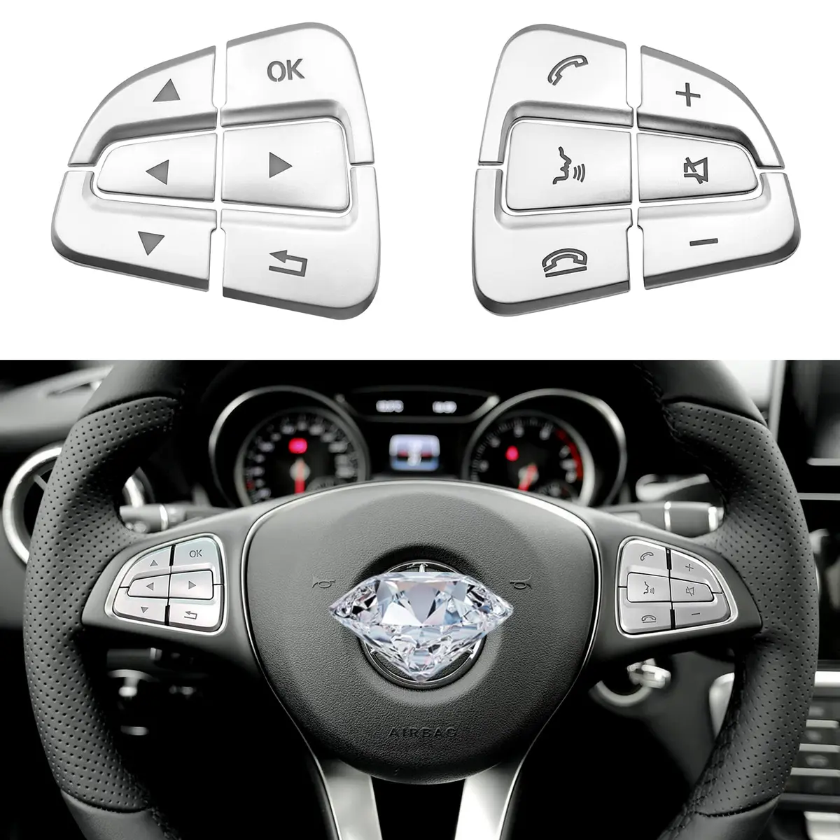 Moonlinks Chrome Steering Wheel Button Covers Trim Stickers for Mercedes Benz A B GLA CLA GLS GLE CLS SL Class (12 Pack) - main product image