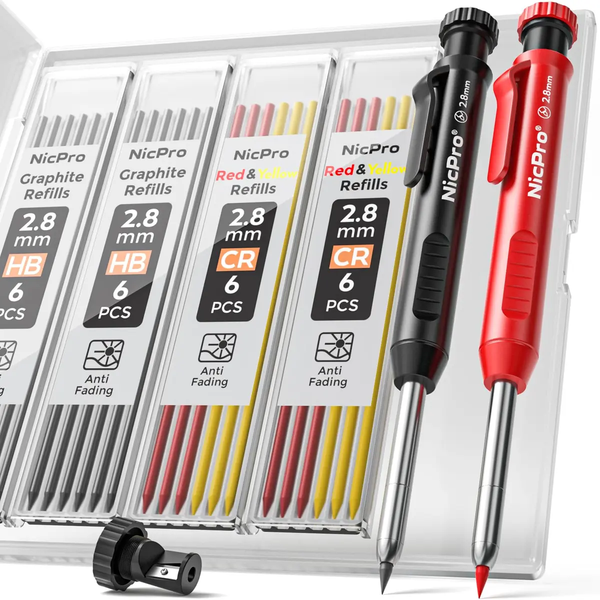 Nicpro Mechanical Carpenter Pencils with Sharpener & 26 Refills | Deep Hole Construction Marking Tool for Woodworking, Metal, Plastic - main product image