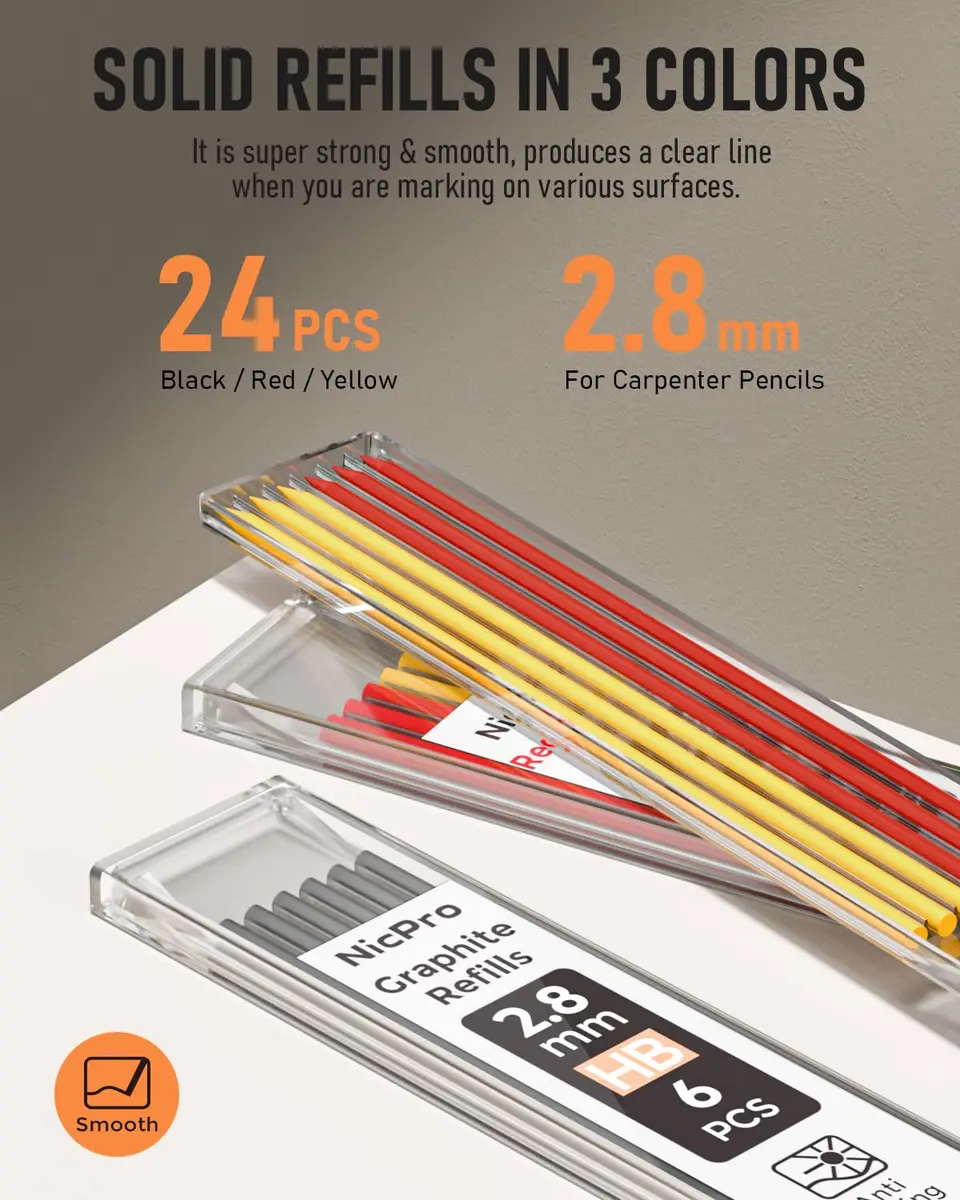 Nicpro Mechanical Carpenter Pencils with Sharpener & 26 Refills | Deep Hole Construction Marking Tool for Woodworking, Metal, Plastic - view 5