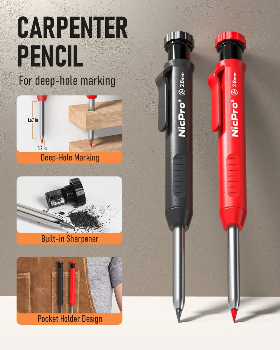 Nicpro Mechanical Carpenter Pencils with Sharpener & 26 Refills | Deep Hole Construction Marking Tool for Woodworking, Metal, Plastic - view 2