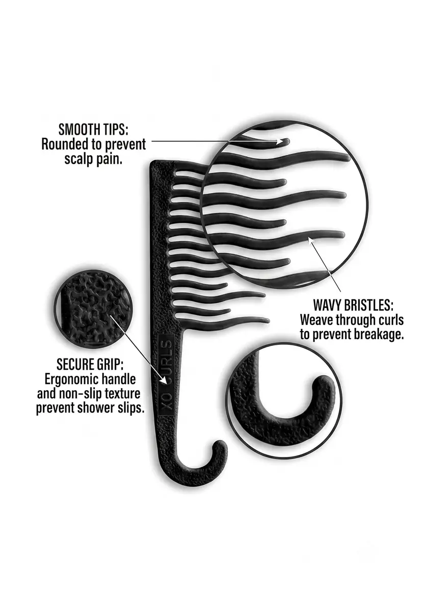 XO Curls Shower Detangling Hair Comb, Wide Tooth Comb, Gentle on Curly & Wavy Hair, 8 Inch x 3 Inch | Non-Slip Grip & Hook - view 2