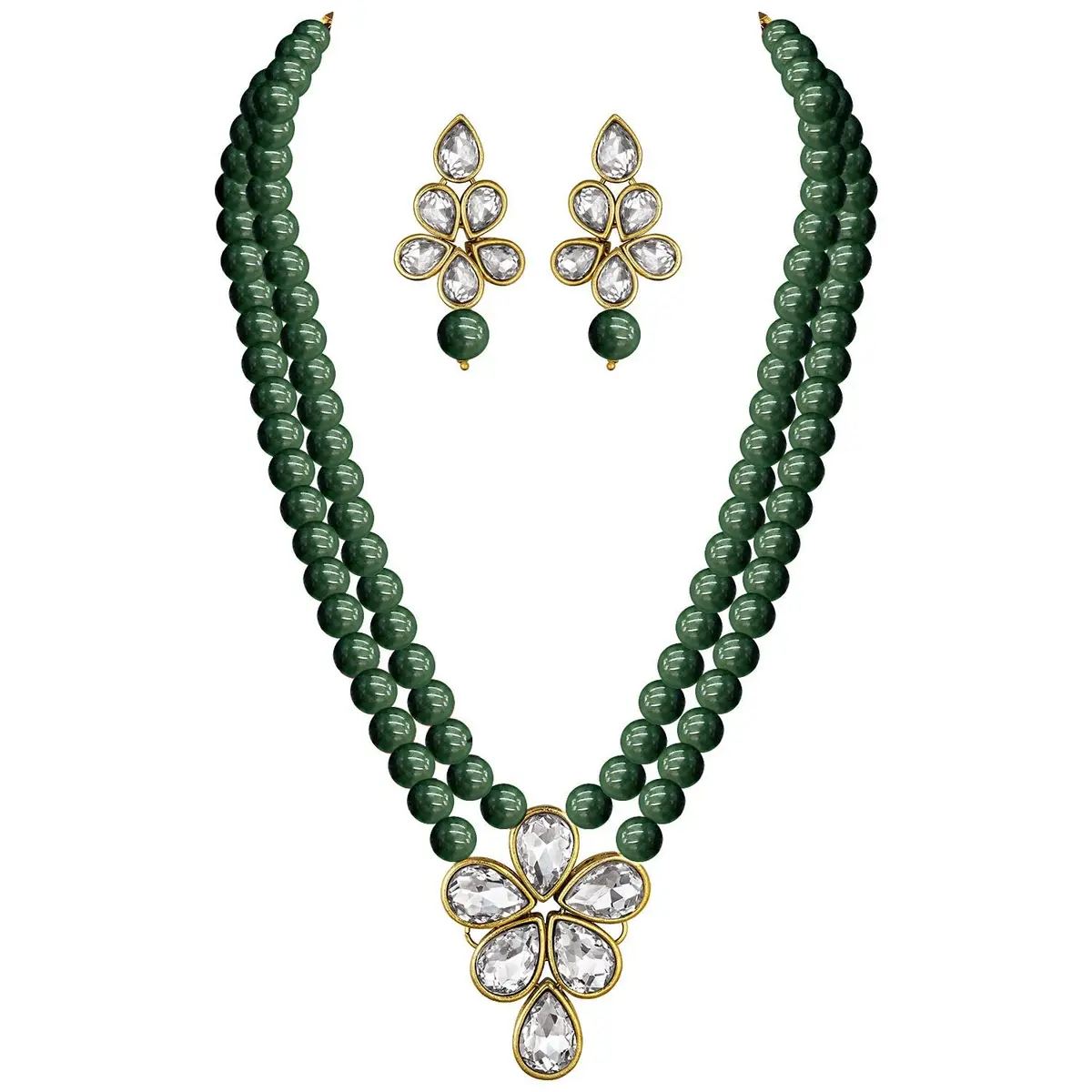 I Jewels Gold Plated Kundan & Pearl Studded Necklace Jewellery Set for Women (Green) | Traditional Indian Wedding Bollywood Style - main product image