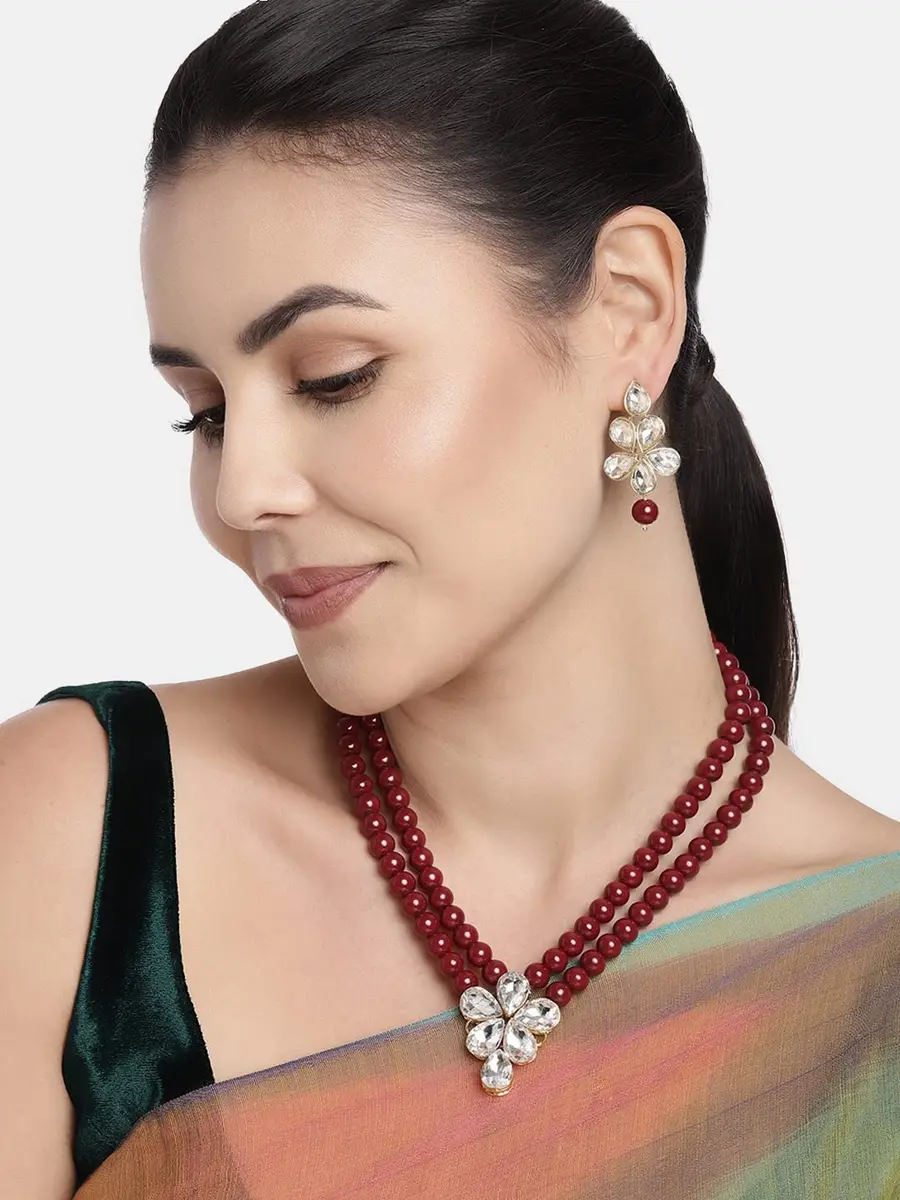 I Jewels Gold Plated Indian Wedding Necklace & Pearl Earrings Set | Ethnic Bridal Jewelry (34cm necklace, ML311M) - view 2