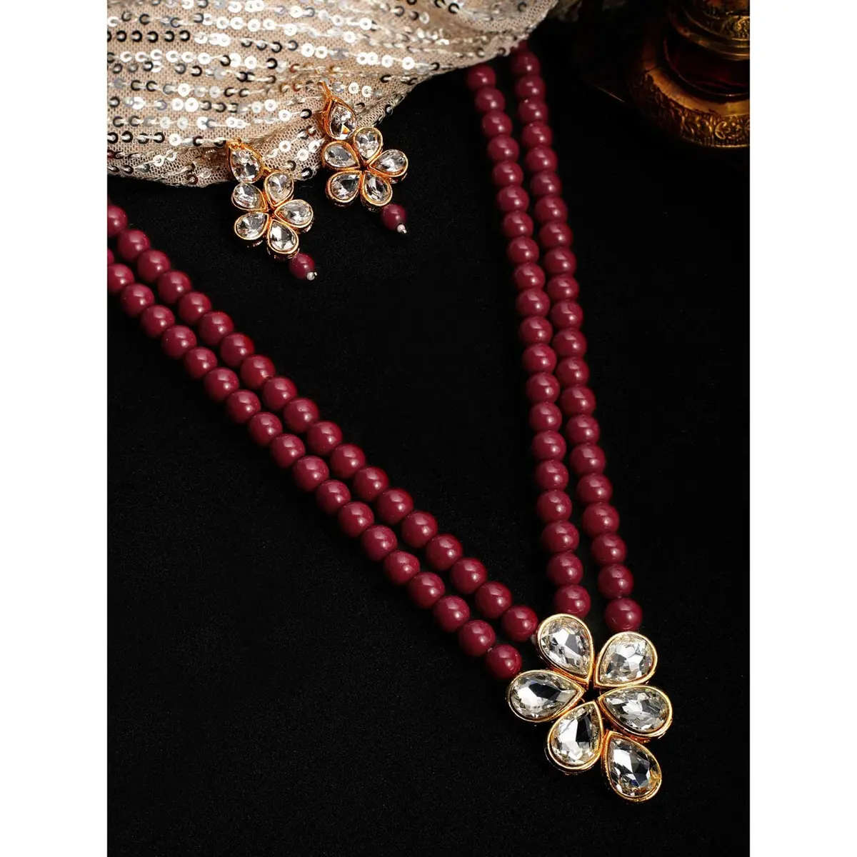 I Jewels Gold Plated Indian Wedding Necklace & Pearl Earrings Set | Ethnic Bridal Jewelry (34cm necklace, ML311M) - view 4