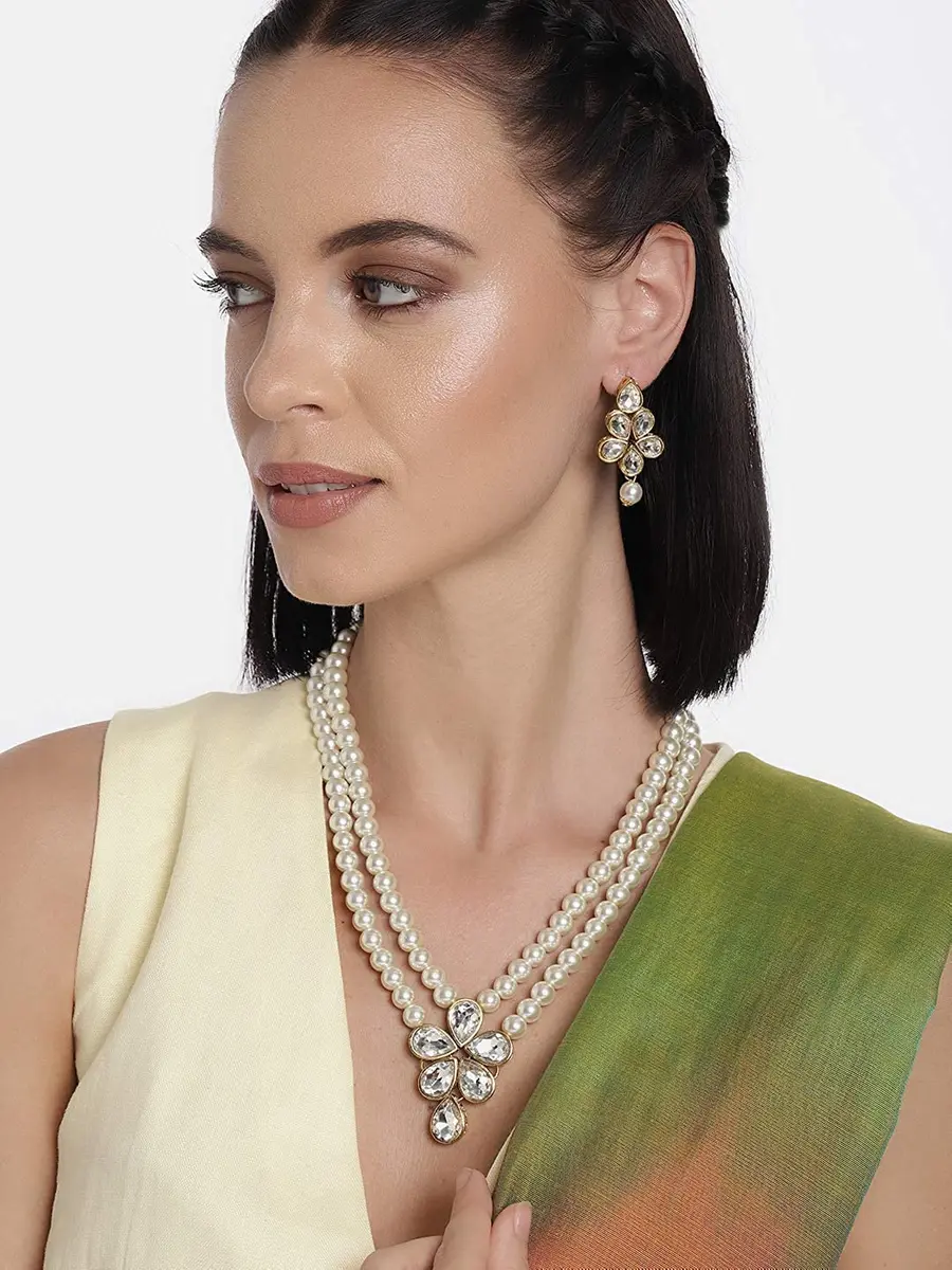 I Jewels Gold Plated Kundan & Pearl Studded Necklace Jewellery Set for Women | 34cm Necklace, 4.5cm Earrings - view 4