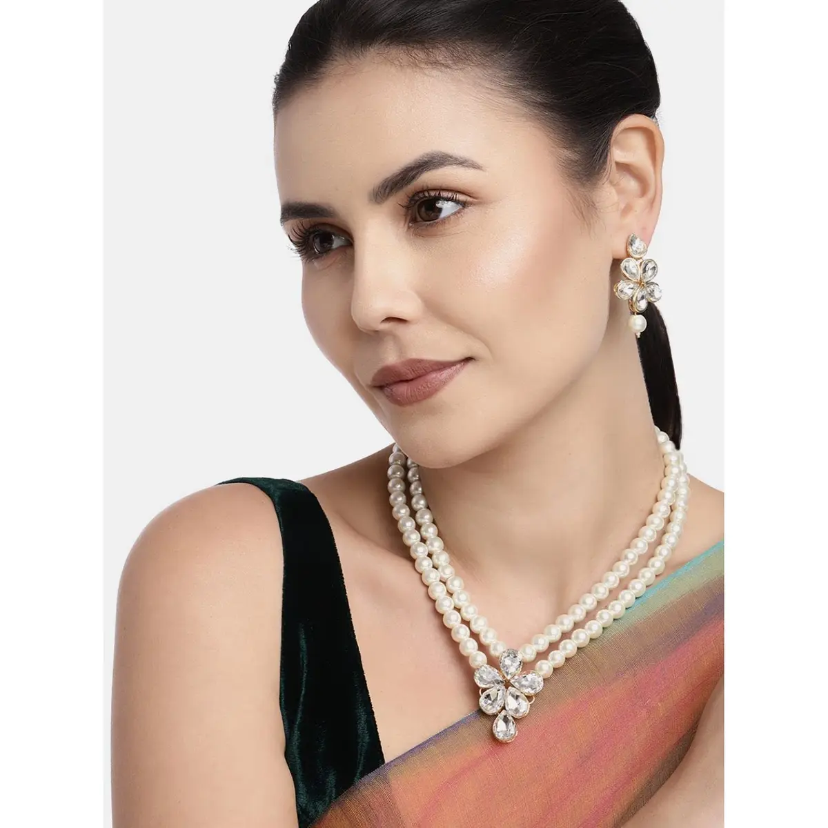 I Jewels Gold Plated Kundan & Pearl Studded Necklace Jewellery Set for Women | 34cm Necklace, 4.5cm Earrings - view 3