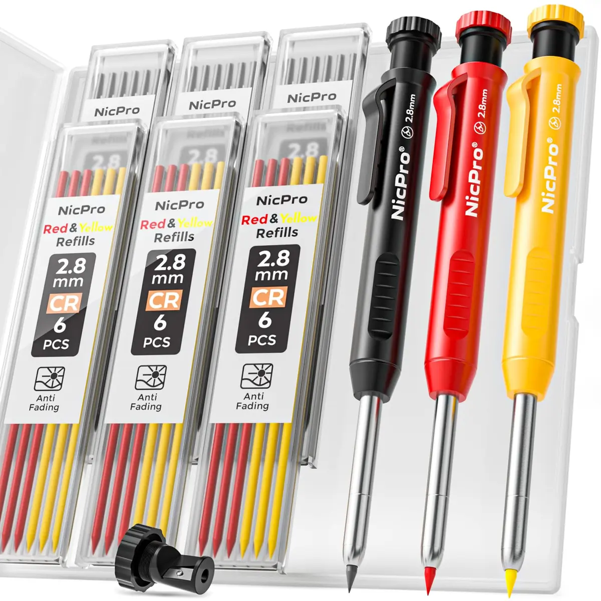 Nicpro 3 Pack Carpenter Pencils with Sharpener | Durable Metal Tip, 39 Refills, Ergonomic Grip for Woodworking & Construction - main product image