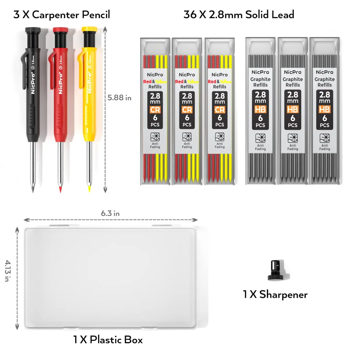 Nicpro 3 Pack Carpenter Pencils with Sharpener | Durable Metal Tip, 39 Refills, Ergonomic Grip for Woodworking & Construction - view 7