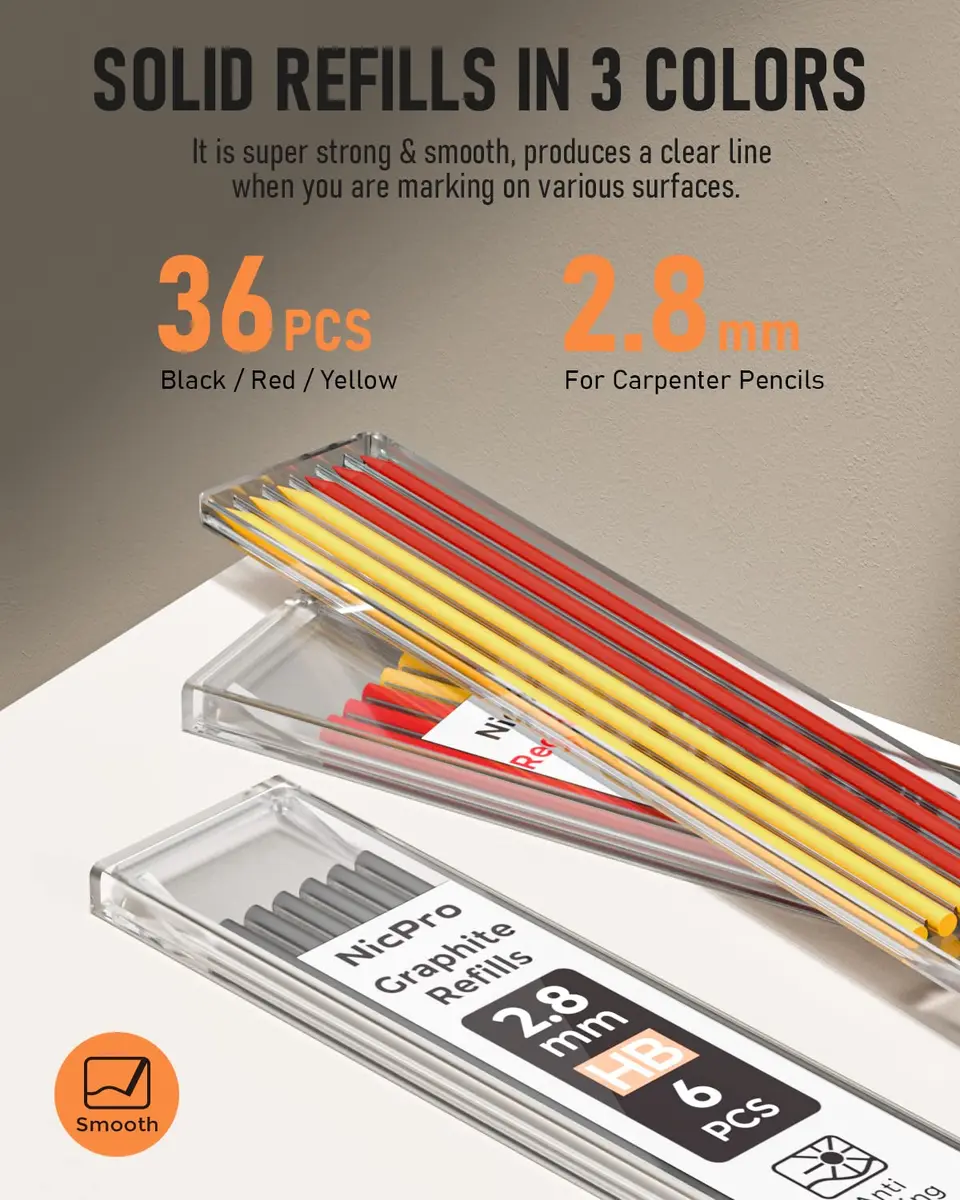 Nicpro 3 Pack Carpenter Pencils with Sharpener | Durable Metal Tip, 39 Refills, Ergonomic Grip for Woodworking & Construction - view 4