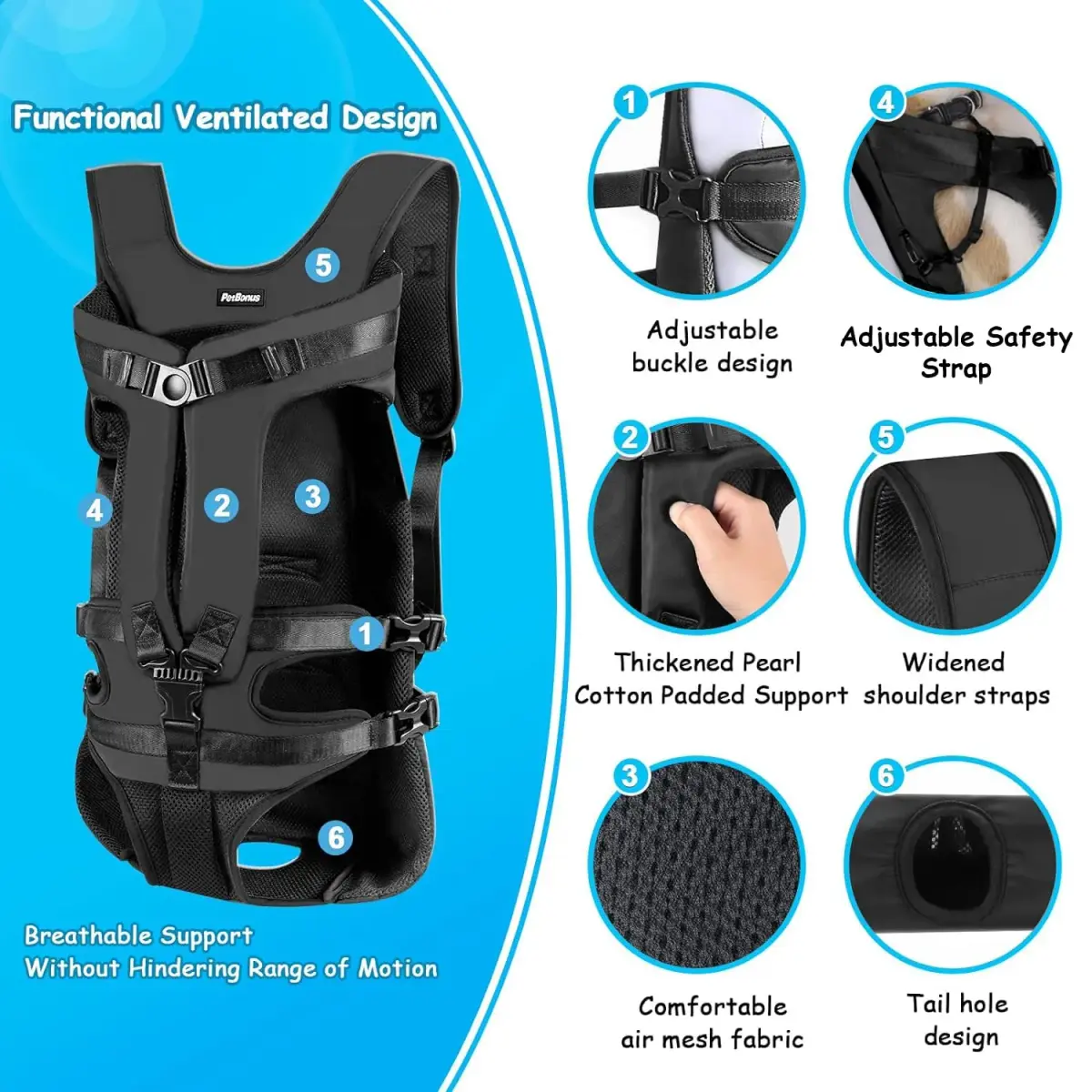 PetBonus Black XL Dog Carrier Backpack | Hands-Free Hiking Cycling Travel - view 2