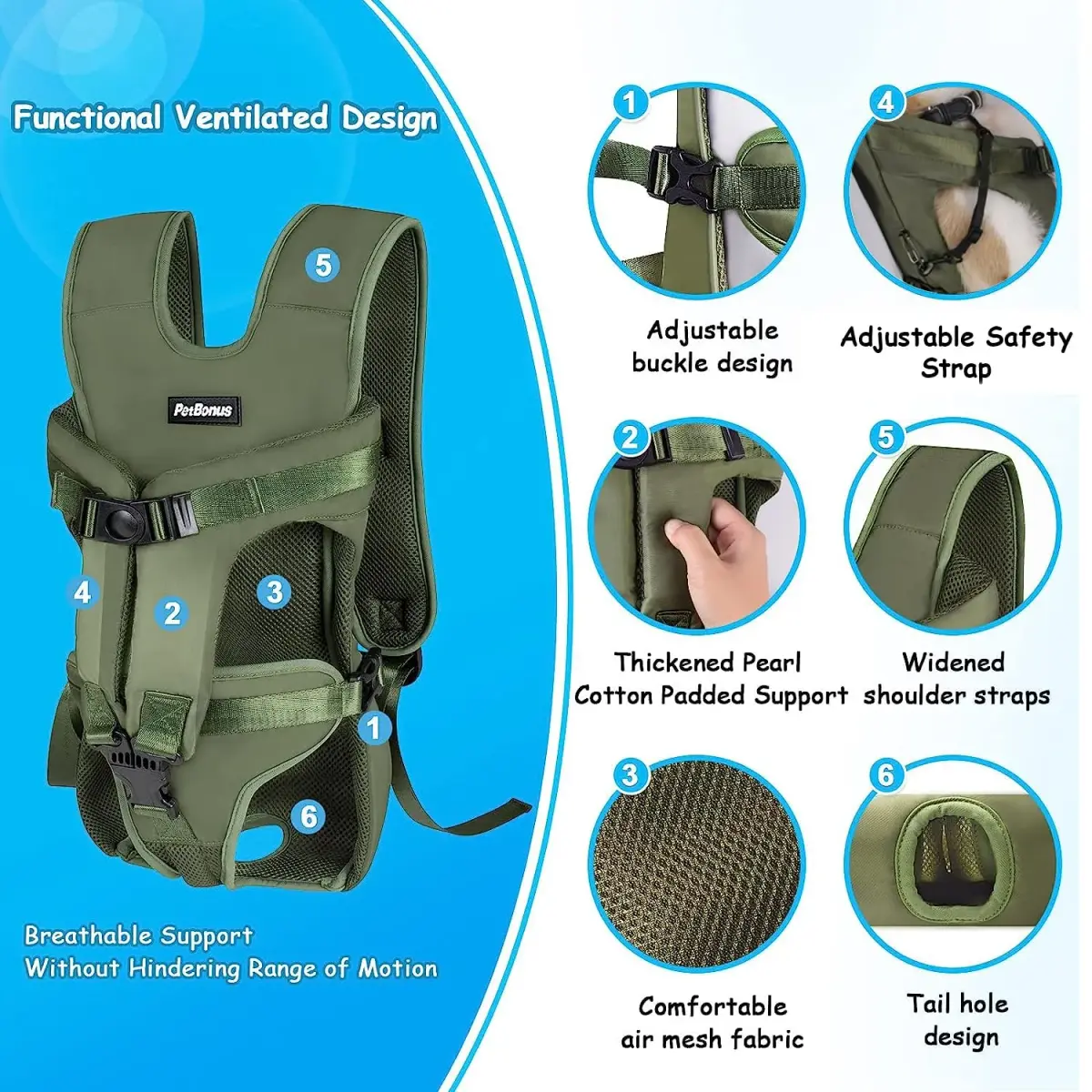 PetBonus Army Green Large Dog Carrier Backpack | Hands-Free Hiking Cycling Travel - view 2
