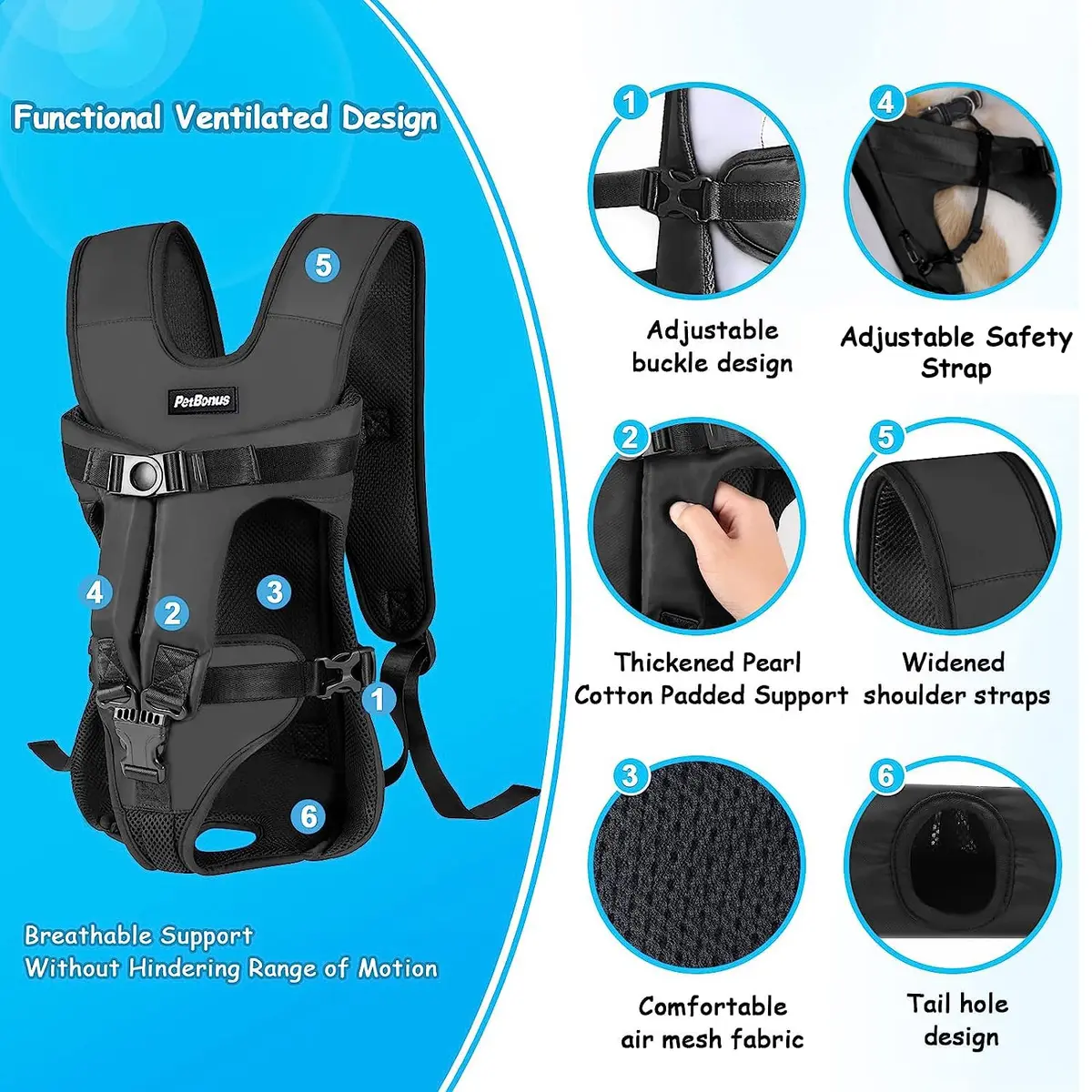 PetBonus Dog Front Carrier Backpack, Legs Out, Easy-fit, Breathable, 14.0"L x 10.5"W x 3.9"H, Black - view 2
