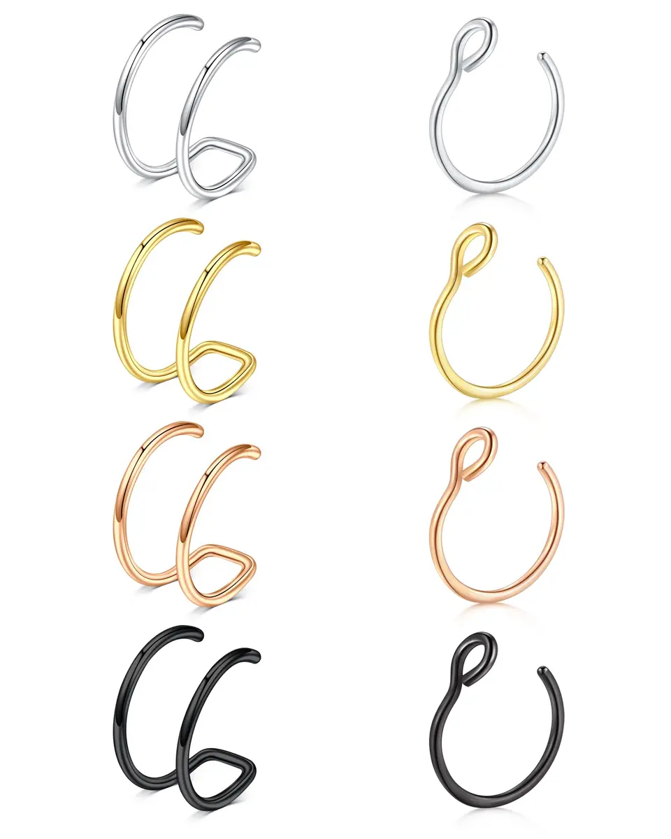 MODRSA Fake Nose Rings - Hoop & Double Hoop Piercings for Women & Men | Hypoallergenic Stainless Steel, 8 Pieces - main product image
