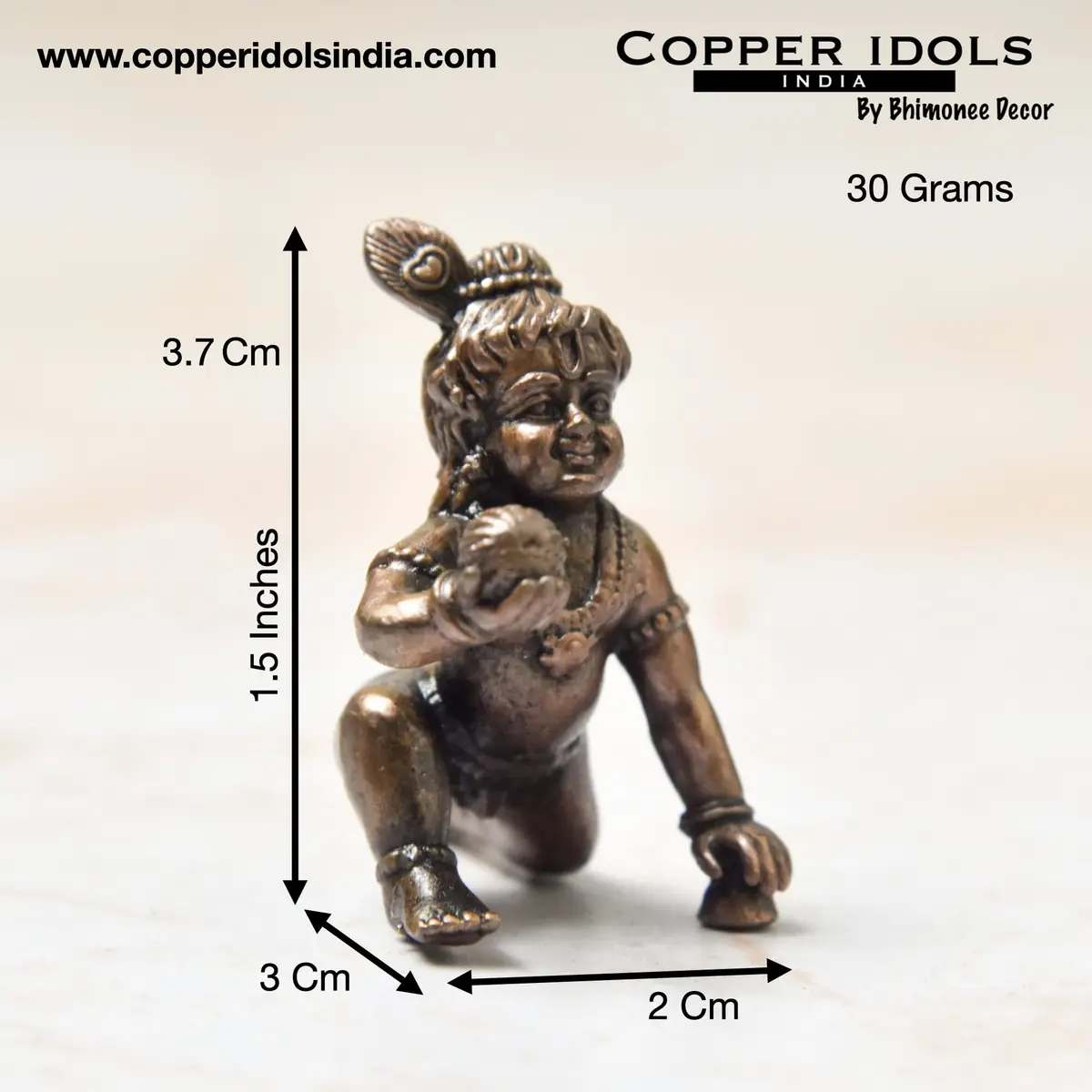 Copper Idols India - By Bhimonee Decor Handmade Copper Bal Krishna Idol 1.5 inches | Antique Patina Finish - view 2