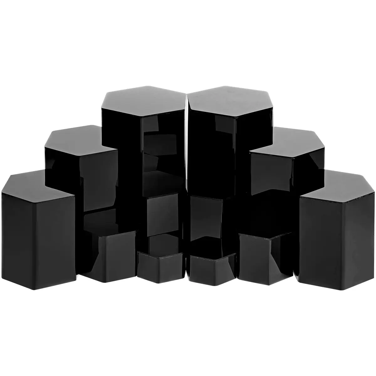 Jetec Black 12 Pcs Hexagonal Jewelry Display Risers Acrylic Stands (6 Sizes, 2 Each) | Versatile Display for Collections & Events - main product image