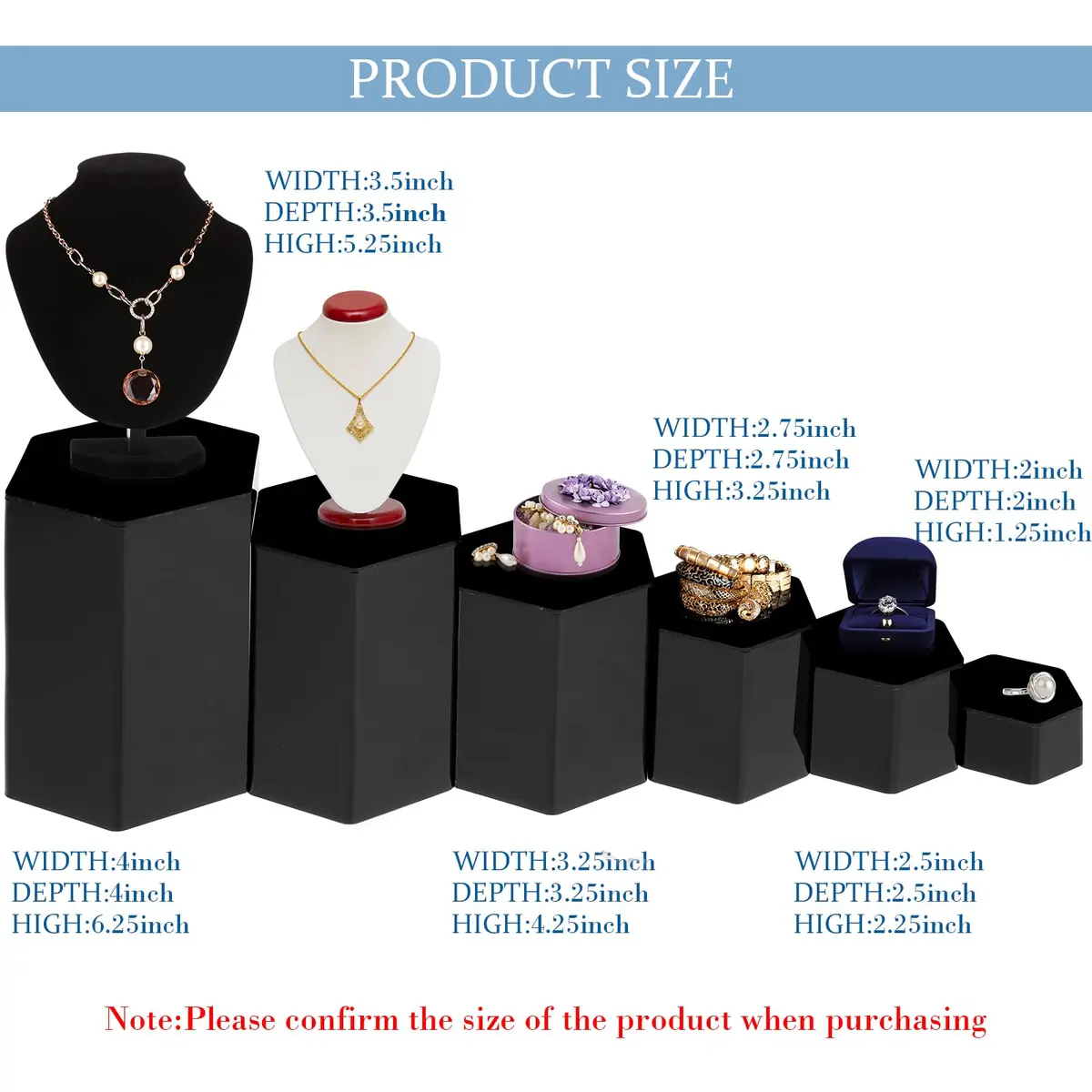 Jetec Black 12 Pcs Hexagonal Jewelry Display Risers Acrylic Stands (6 Sizes, 2 Each) | Versatile Display for Collections & Events - view 2