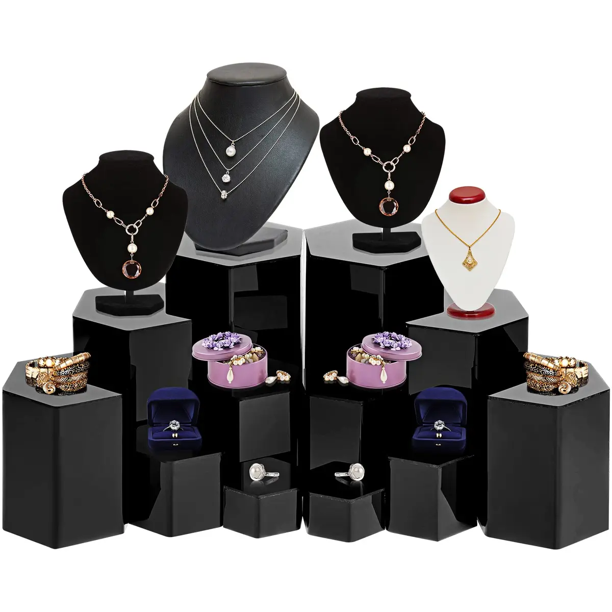 Jetec Black 12 Pcs Hexagonal Jewelry Display Risers Acrylic Stands (6 Sizes, 2 Each) | Versatile Display for Collections & Events - view 3