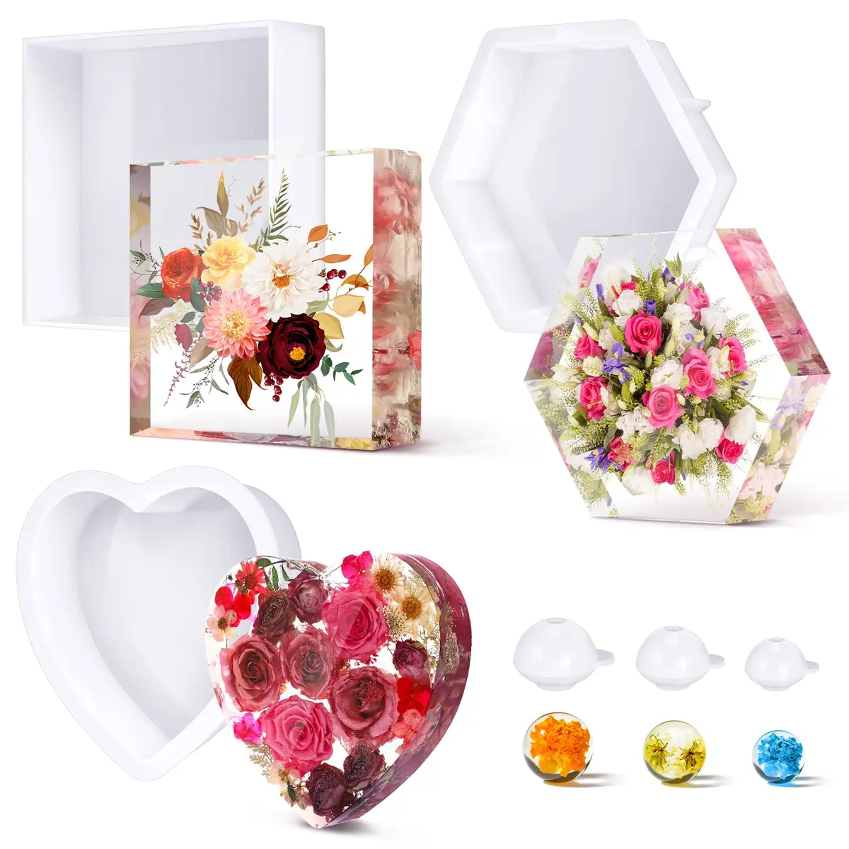 Potchen Resin Casting Molds Set | Large Silicone Shapes for Jewelry & Art (approx. 14.8x14.8cm, 17.9x18.2cm, 25.8cm hexagon, round 20-30mm) - main product image