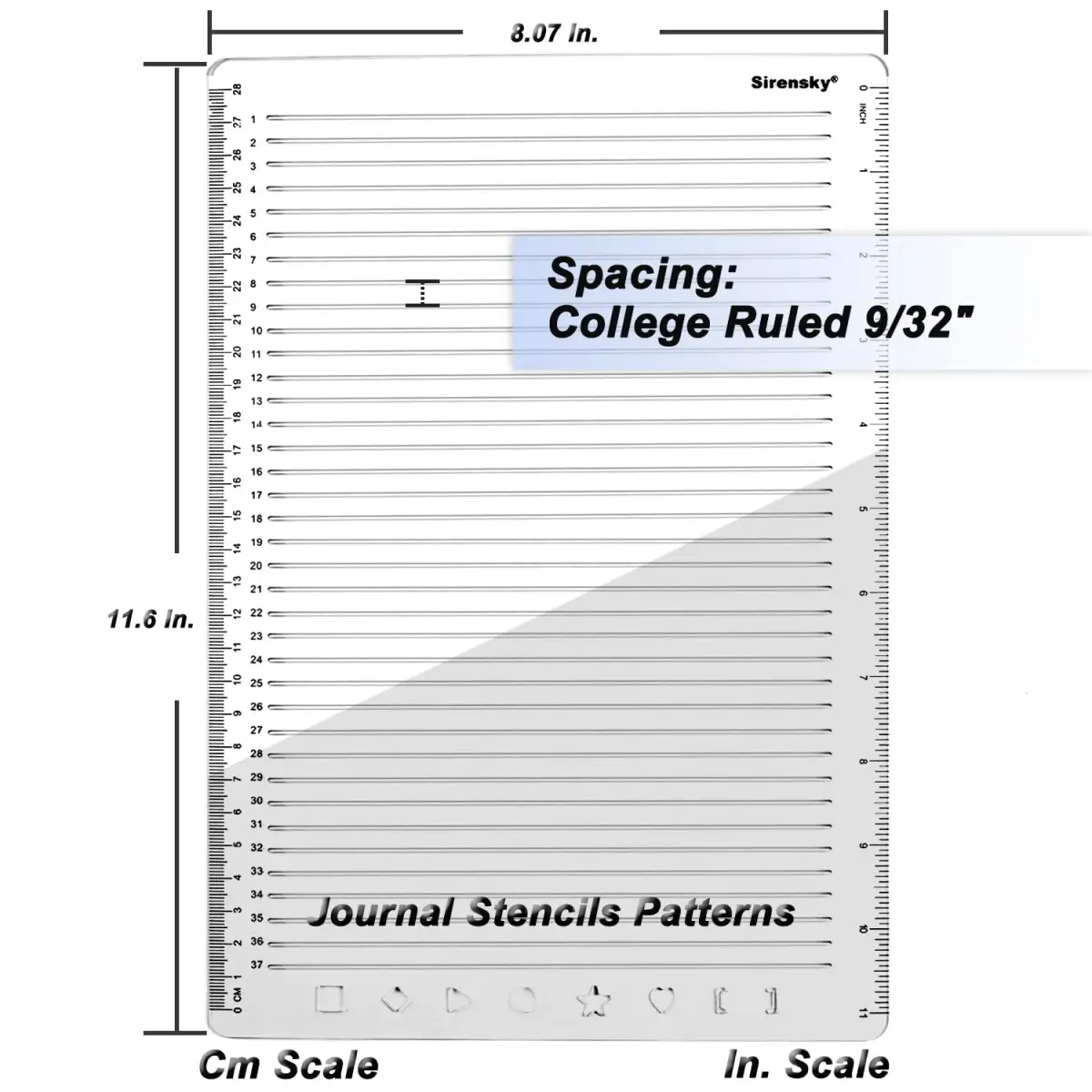 Sirensky Straight Line Stencil Template 28cm (11 Inch) | College Ruled 9/32" Spacing with Journal Patterns - view 4