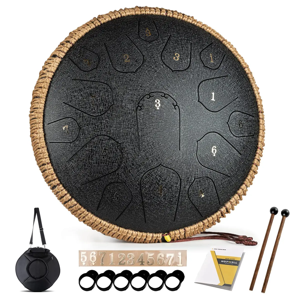 HOPWELL Steel Tongue Drum 15 Notes 14 Inch | Hand Pan with Music Book, Mallets, Carry Bag, D Major, Black - main product image