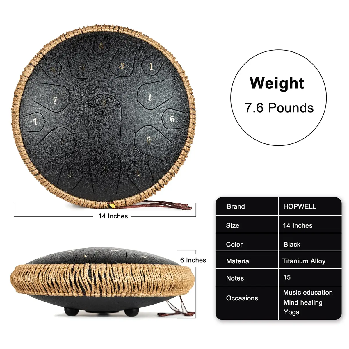 HOPWELL Steel Tongue Drum 15 Notes 14 Inch | Hand Pan with Music Book, Mallets, Carry Bag, D Major, Black - view 5