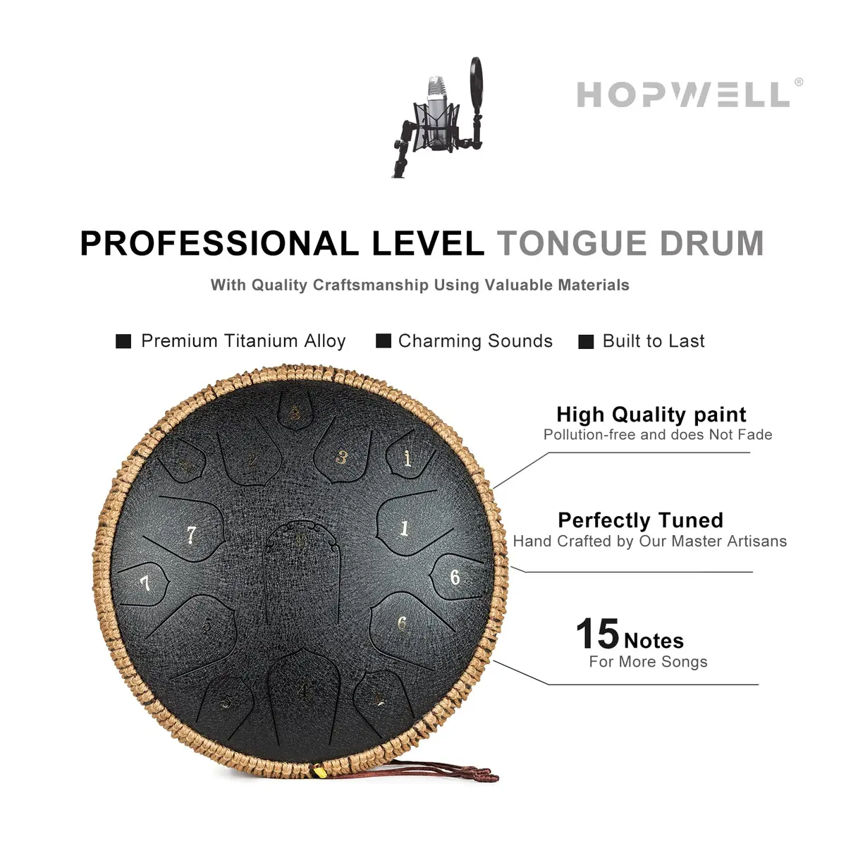 HOPWELL Steel Tongue Drum 15 Notes 14 Inch | Hand Pan with Music Book, Mallets, Carry Bag, D Major, Black - view 3