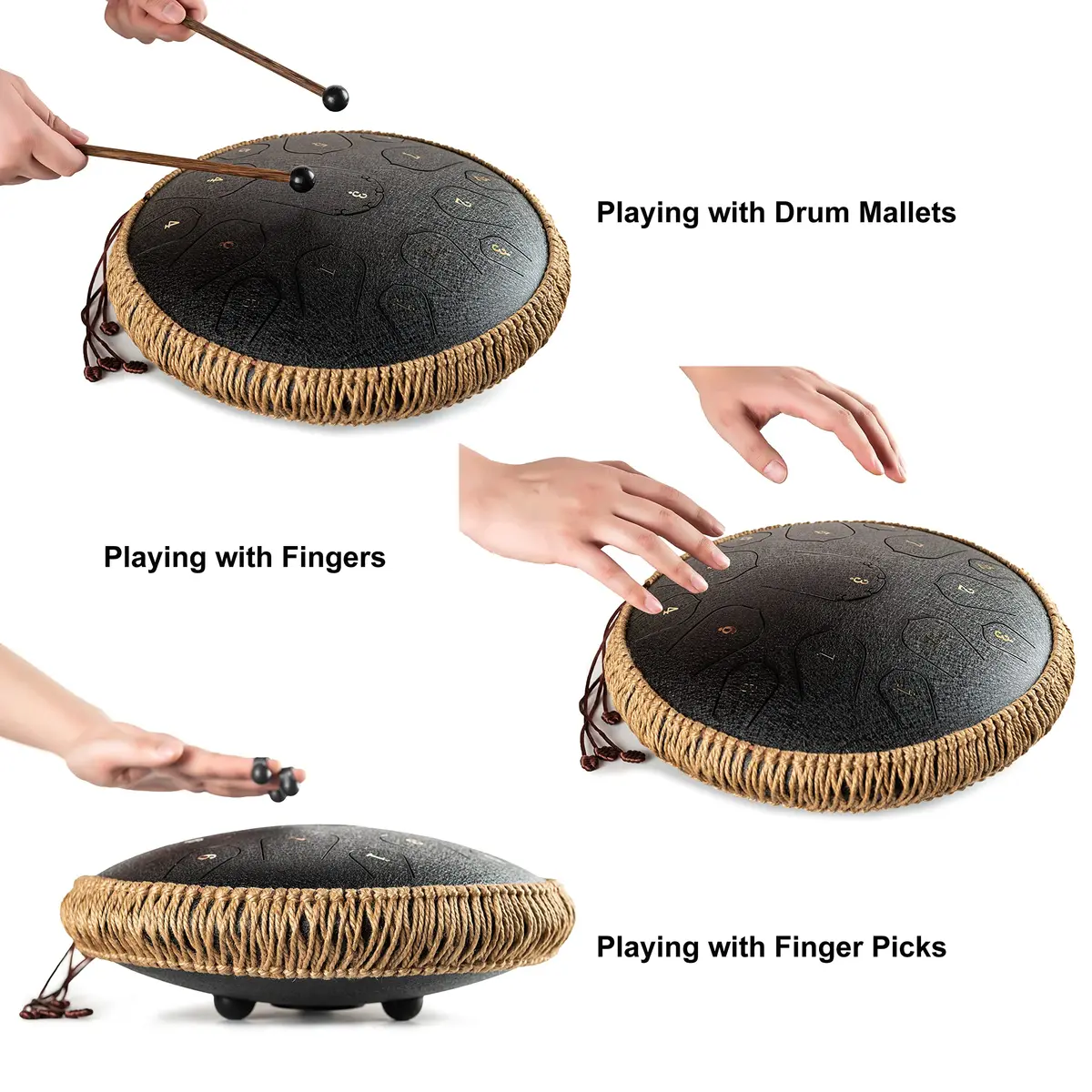 HOPWELL Steel Tongue Drum 15 Notes 14 Inch | Hand Pan with Music Book, Mallets, Carry Bag, D Major, Black - view 4