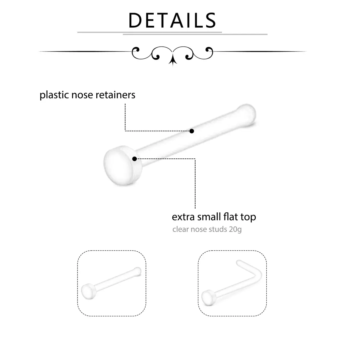 D.Bella 20G Clear Nose Studs Acrylic L Shape Nose Rings Retainer Bioflex Bone Pin Straight Nose Studs Flexible Nose Piercing Flat Top for Men Women | Hypoallergenic, 20 pcs - view 3