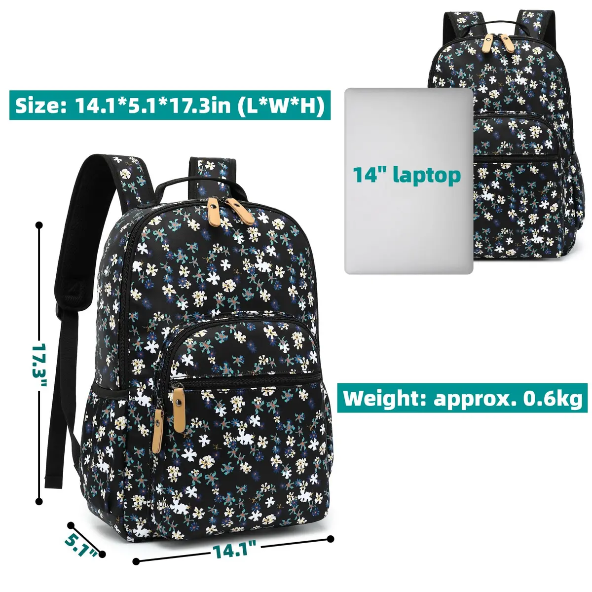 Leaper Floral Backpack Travel Bag Bookbags Women Satchel 35cm (13in) | Water-Resistant Polyester - view 2