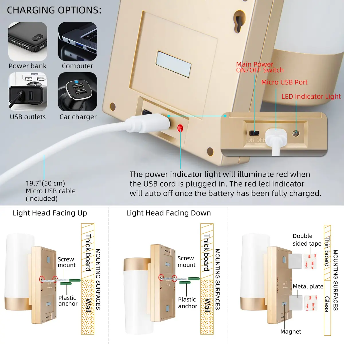 BIGMONAT Wireless Wall Sconce Light USB Rechargeable 2 Pack | Multi Color Dimmable Night Light for Hallway Bathroom Kids Bedroom - view 5