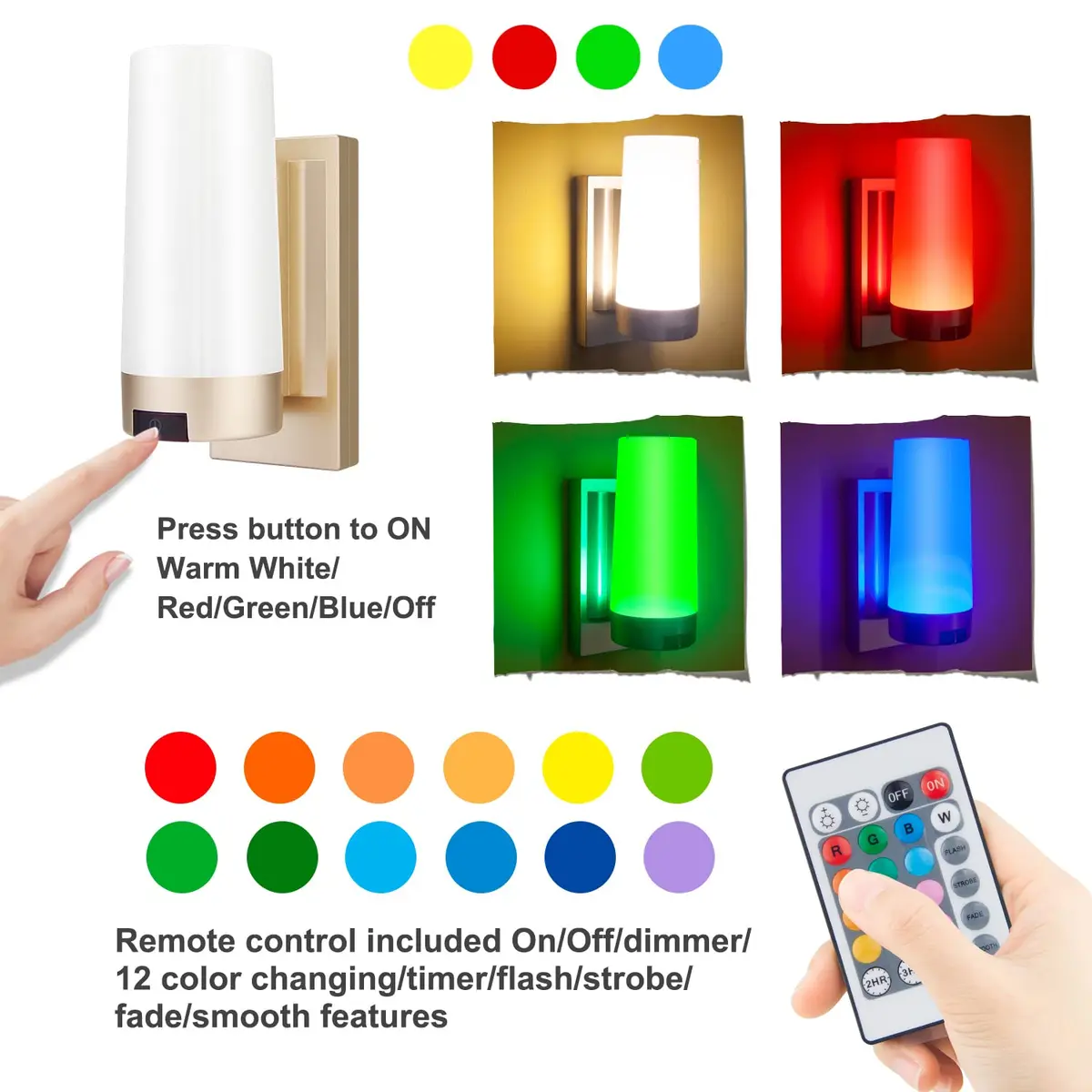 BIGMONAT Wireless Wall Sconce Light USB Rechargeable 2 Pack | Multi Color Dimmable Night Light for Hallway Bathroom Kids Bedroom - view 2