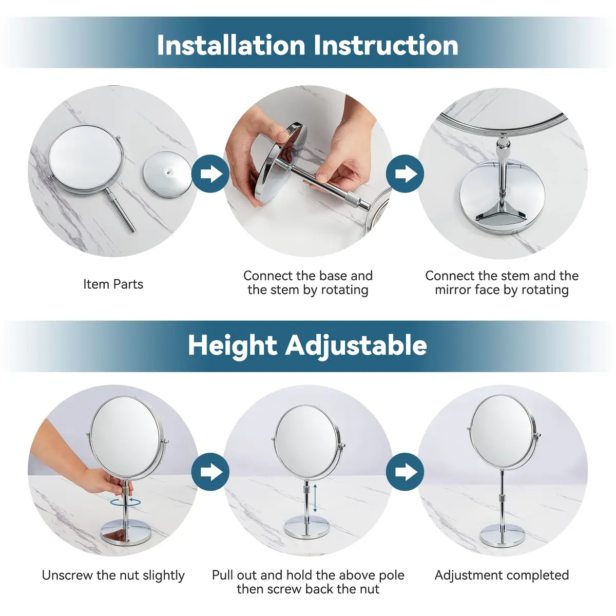 HOMEMIRO 17" Tall Tabletop Magnifying Makeup Mirror 1X/10X Adjustable Height No Light - view 5