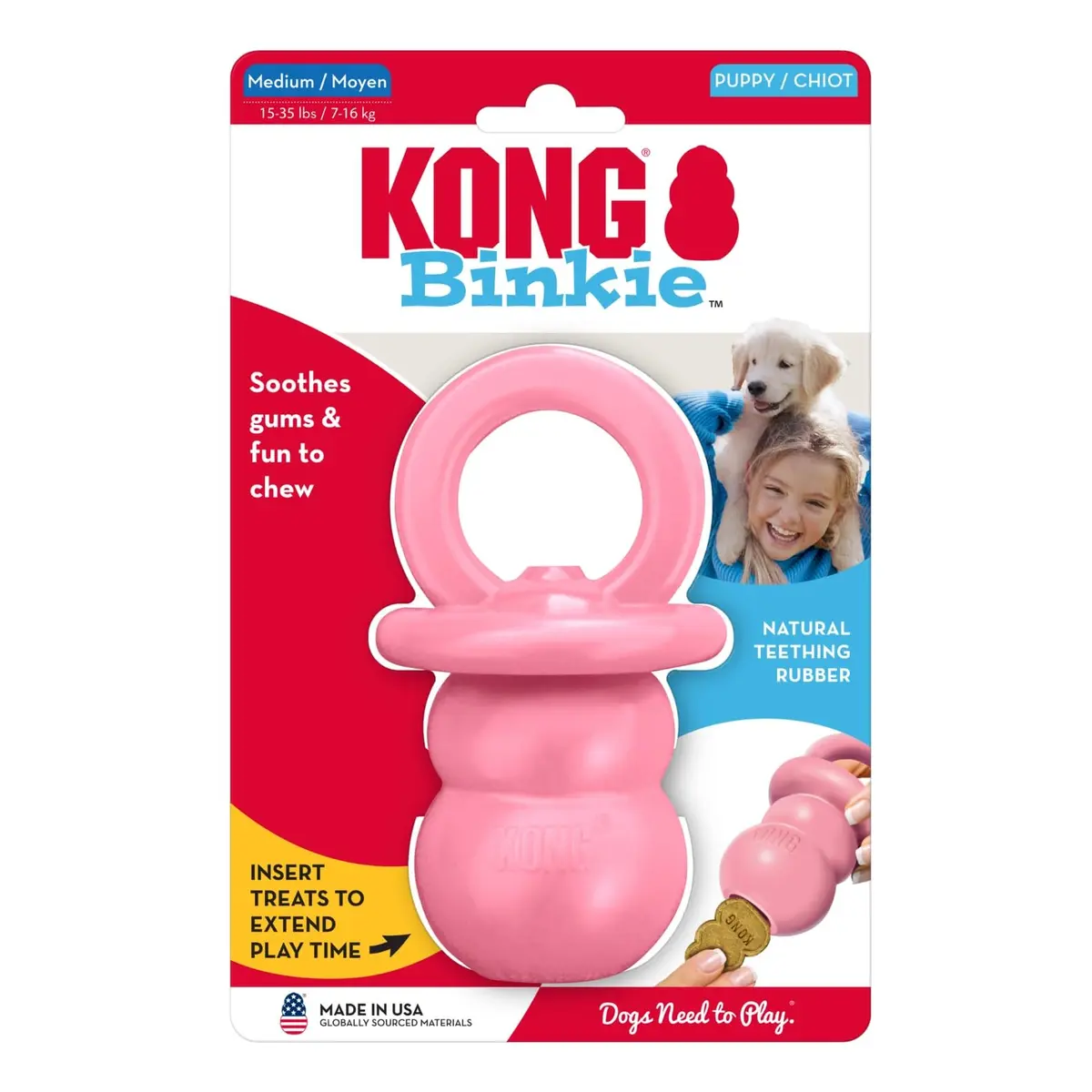 KONG Puppy Binkie | Natural Rubber Teething Toy for Medium Puppies, Pink - view 7