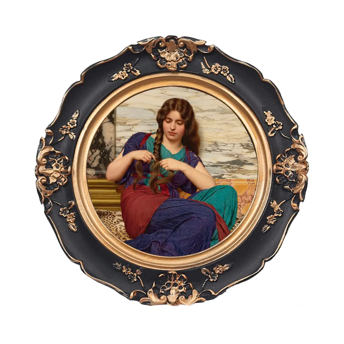 WINPLUS+ Vintage Round Picture Frame 4x4 inch (10x10 cm) | Antique Black Resin with Golden Floral Detail - main product image