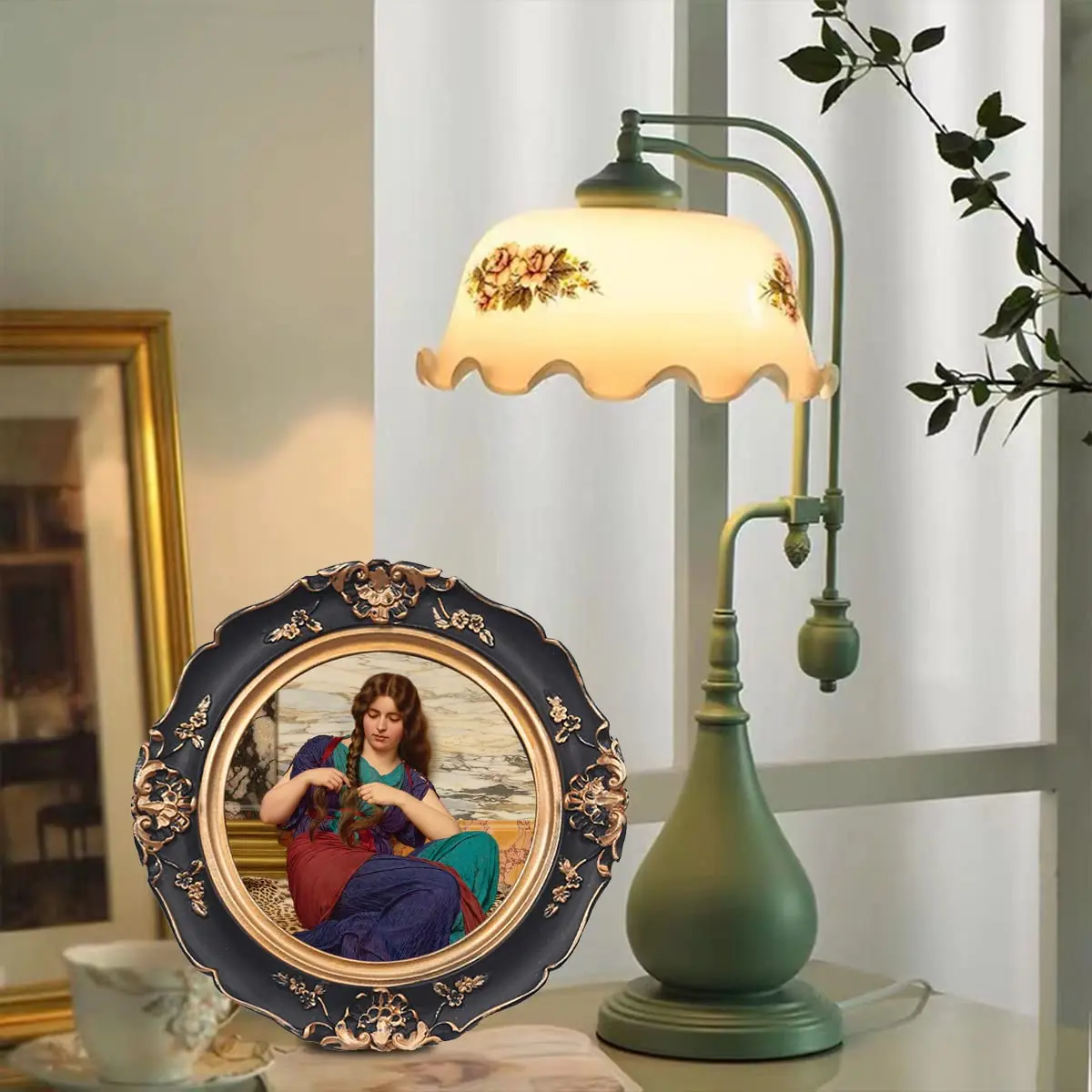 WINPLUS+ Vintage Round Picture Frame 4x4 inch (10x10 cm) | Antique Black Resin with Golden Floral Detail - view 5