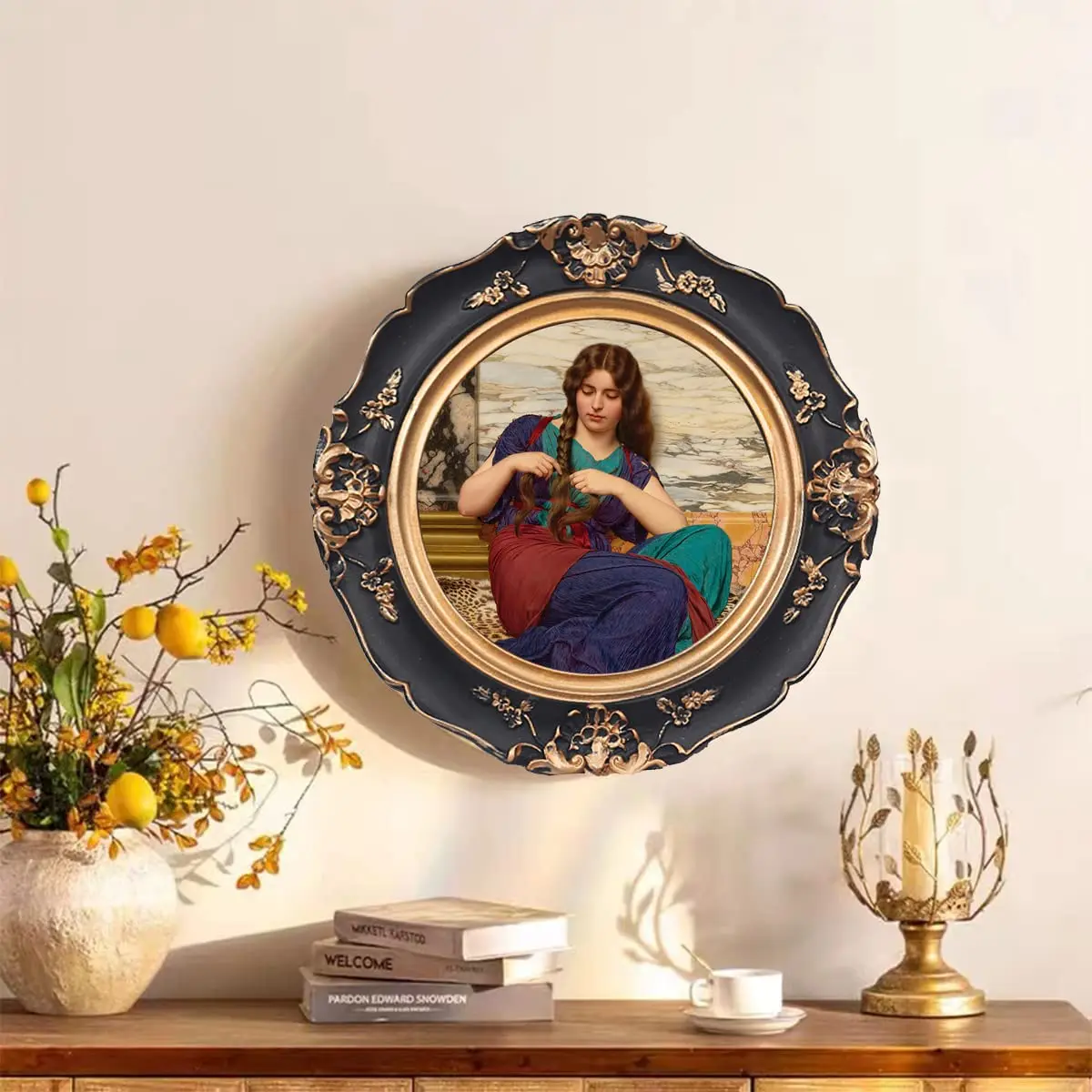 WINPLUS+ Vintage Round Picture Frame 4x4 inch (10x10 cm) | Antique Black Resin with Golden Floral Detail - view 2