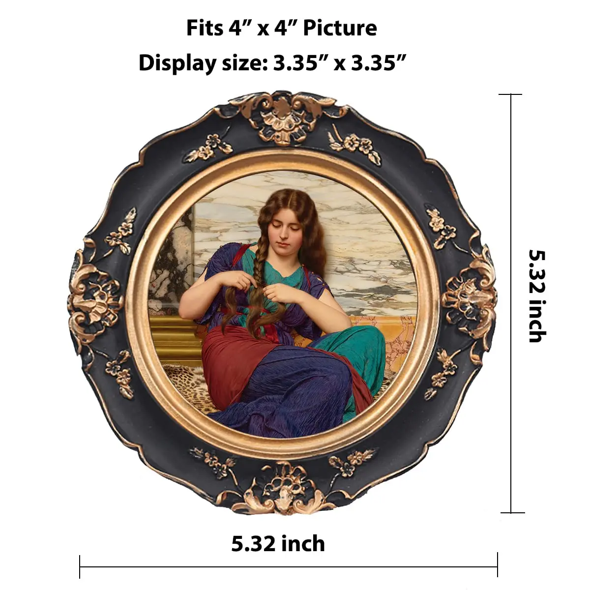 WINPLUS+ Vintage Round Picture Frame 4x4 inch (10x10 cm) | Antique Black Resin with Golden Floral Detail - view 3
