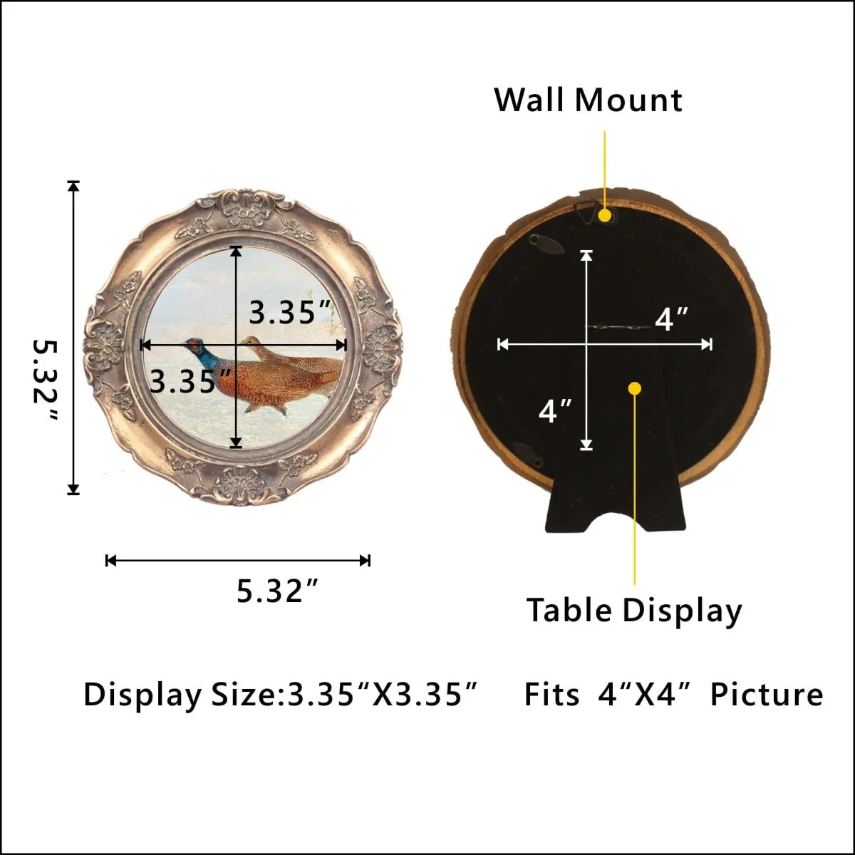 WINPLUS+ Vintage Round Picture Frame 4x4 Inch (10x10 cm) | Antique Bronze Resin with Embossed Floral Detail - view 3