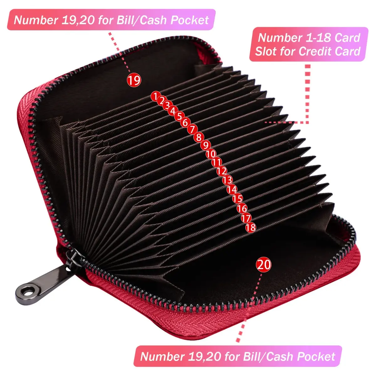 Linno Red Genuine Leather Credit Card Holder with Zipper | 20 Slots - view 2