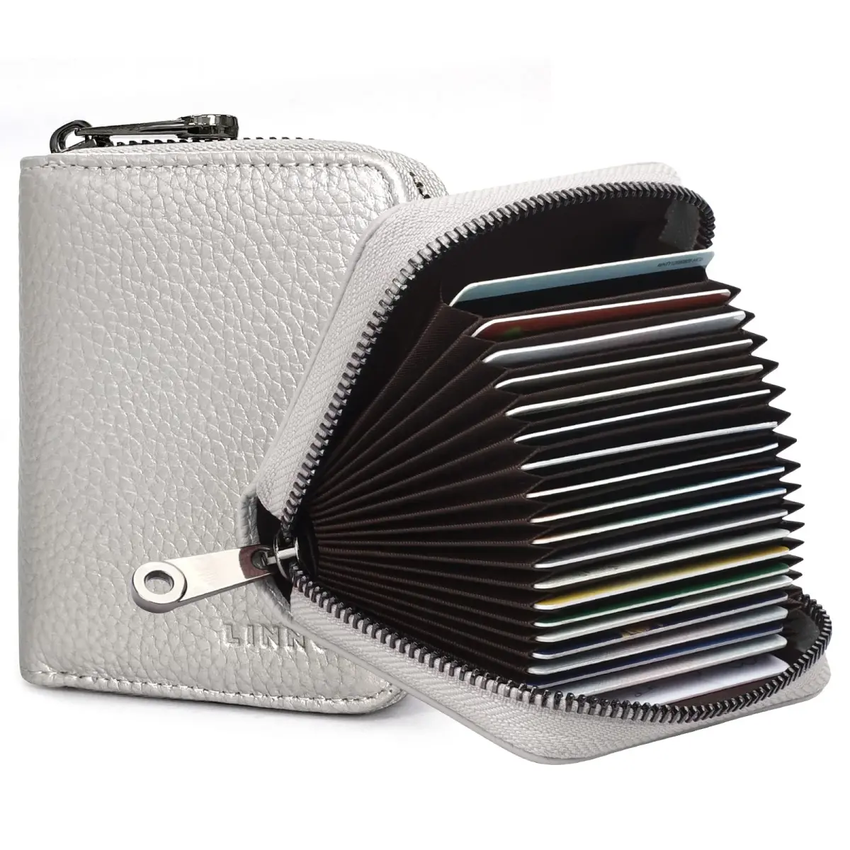 Linno Genuine Leather RFID Credit Card Holder Wallet with Zipper - Silver, 20 Slots - main product image