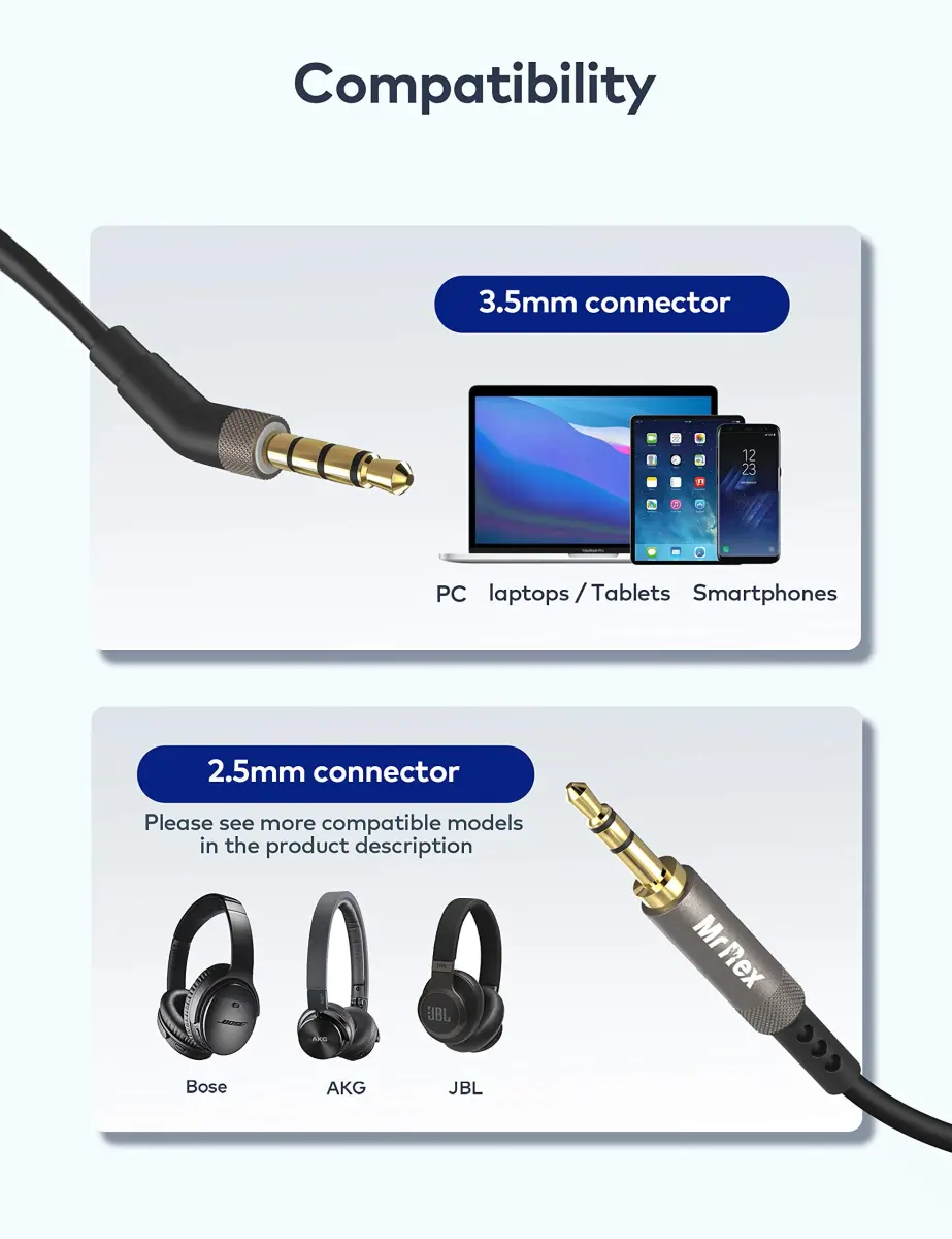 Mr Rex 3.5mm to 2.5mm Aux Cable Cord [2-Pack, 1.5m+2m] | Clear Stereo Sound for Bose, JBL Headphones - view 2
