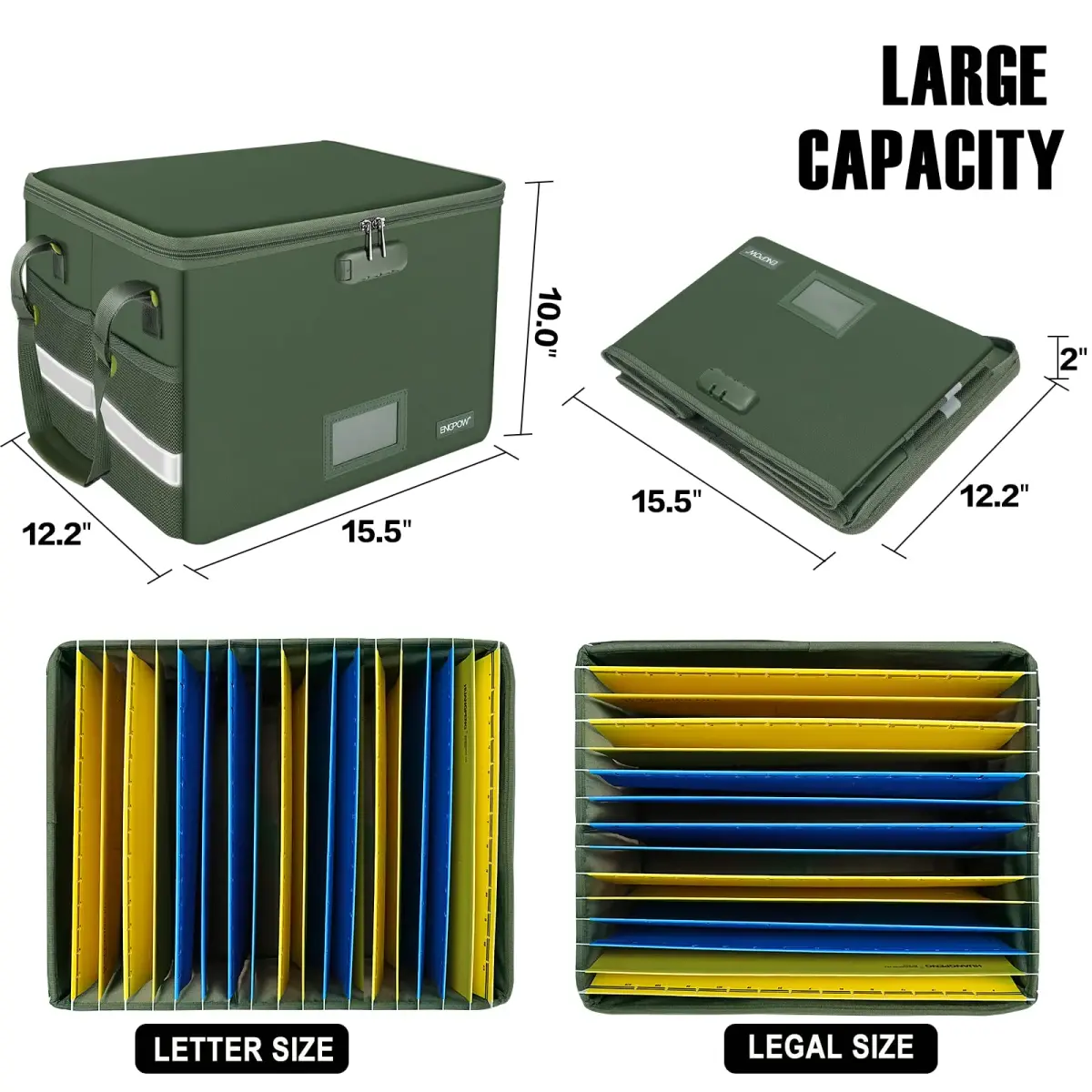 ENGPOW Fireproof Document Box with Lock & Zipper Lid 33L (15.55" x 12.2" x 10") | Collapsible & Portable for Letter/Legal Files - view 5