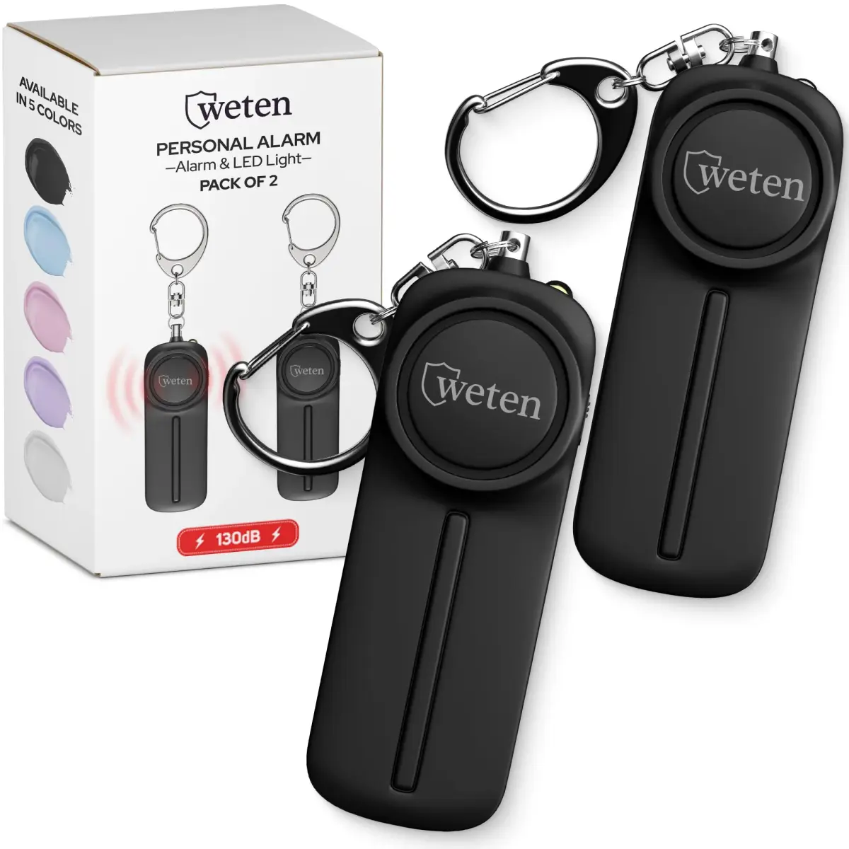 WETEN Personal Safety Alarm Keychain for Women, 130dB Siren, 2 Pack Black | Loudest Self-Defense Device for Night Walks & Travel - main product image