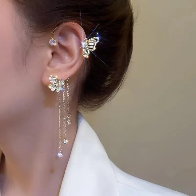 LAKIYOYO Zircon Butterfly Ear Cuff Earrings for Women - No Piercing Butterfly Ear Clip Rhinestone Wrap Earrings (Gold Tone, 2-Pack) - view 2